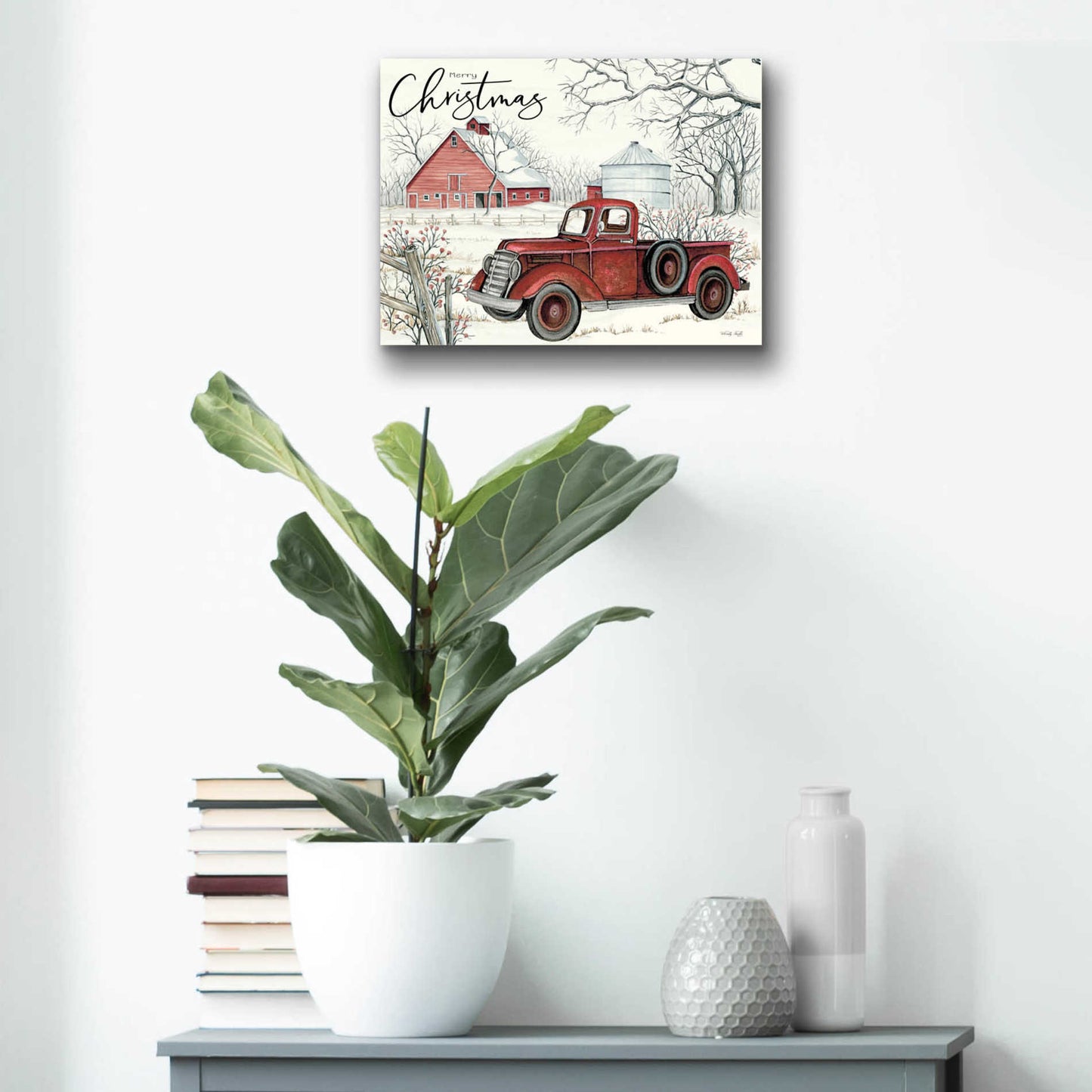 Epic Art 'Red Truck Winter Barn' by Cindy Jacobs, Acrylic Glass Wall Art,16x12