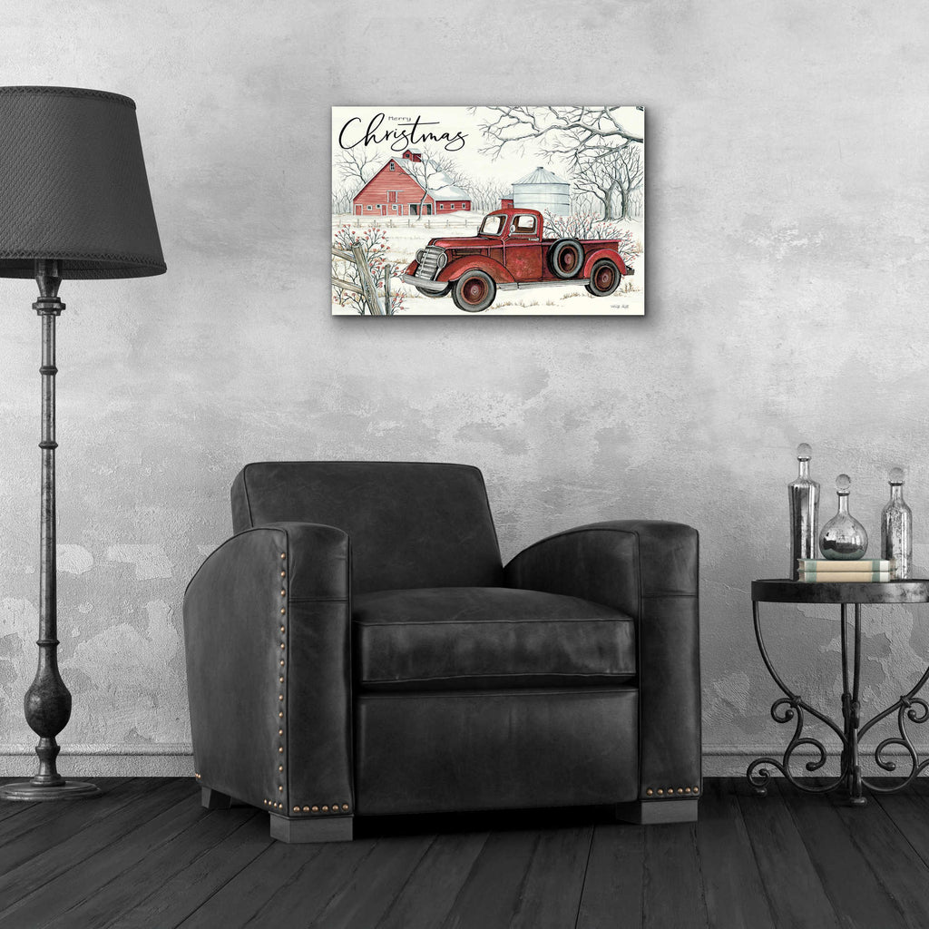 Epic Art 'Red Truck Winter Barn' by Cindy Jacobs, Acrylic Glass Wall Art,24x16