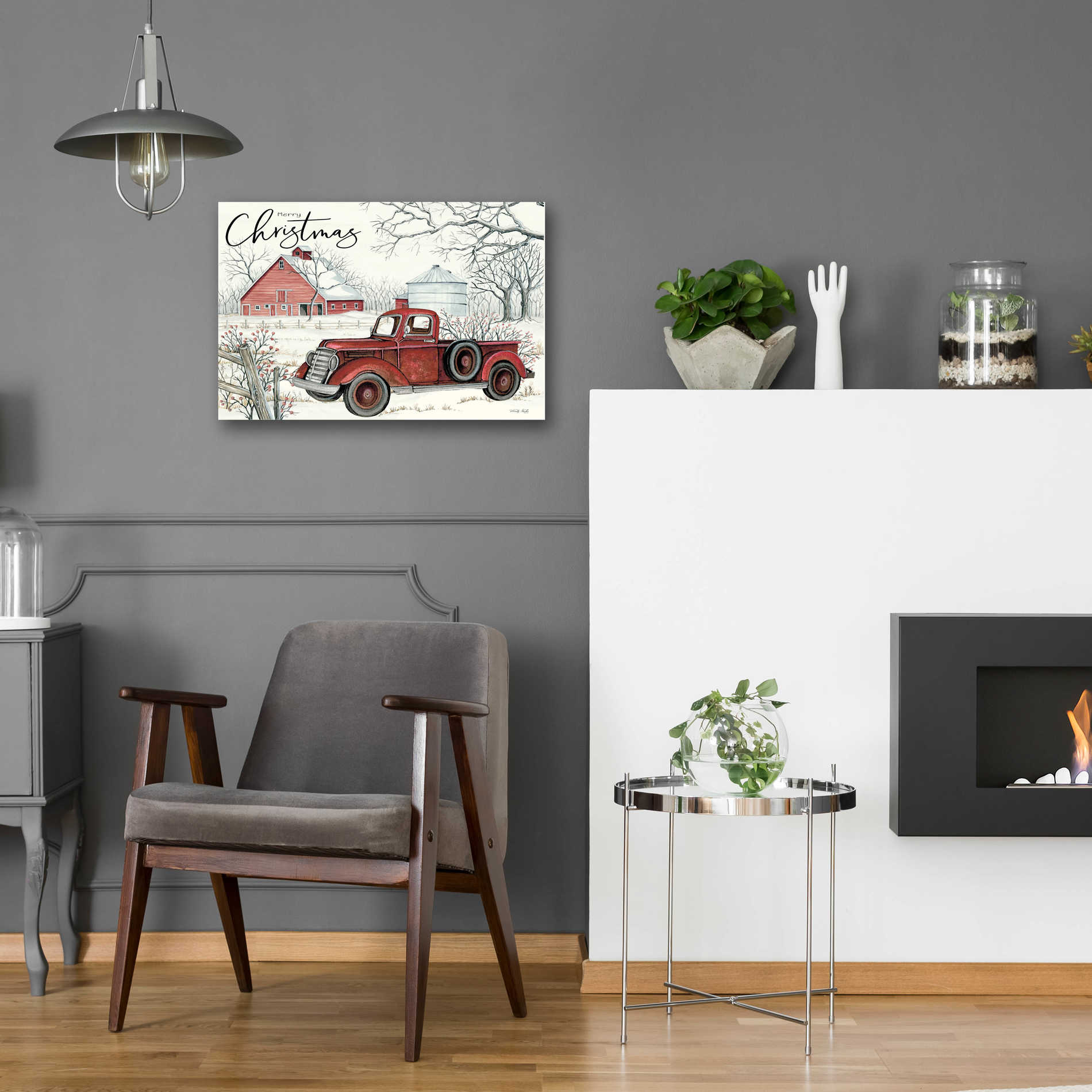 Epic Art 'Red Truck Winter Barn' by Cindy Jacobs, Acrylic Glass Wall Art,24x16