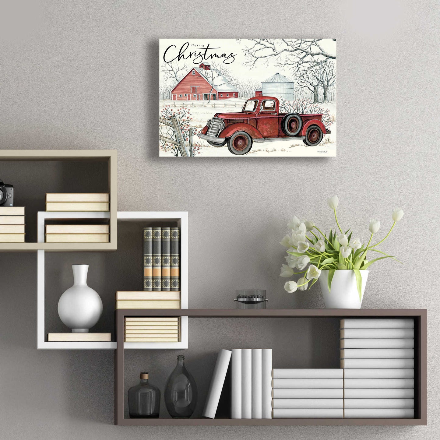 Epic Art 'Red Truck Winter Barn' by Cindy Jacobs, Acrylic Glass Wall Art,24x16