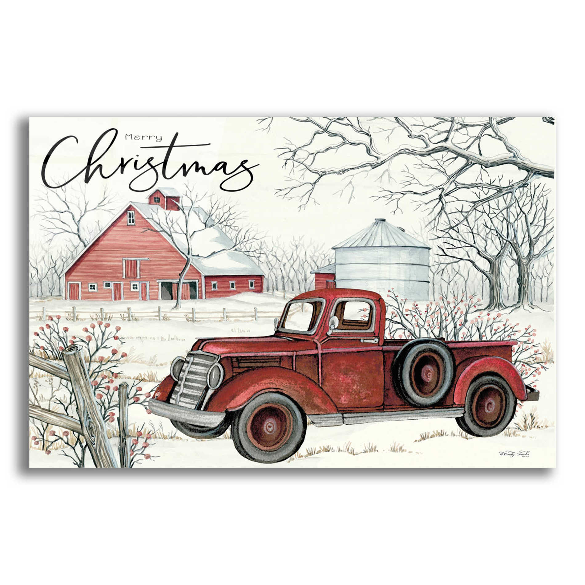 Epic Art 'Red Truck Winter Barn' by Cindy Jacobs, Acrylic Glass Wall Art,24x16