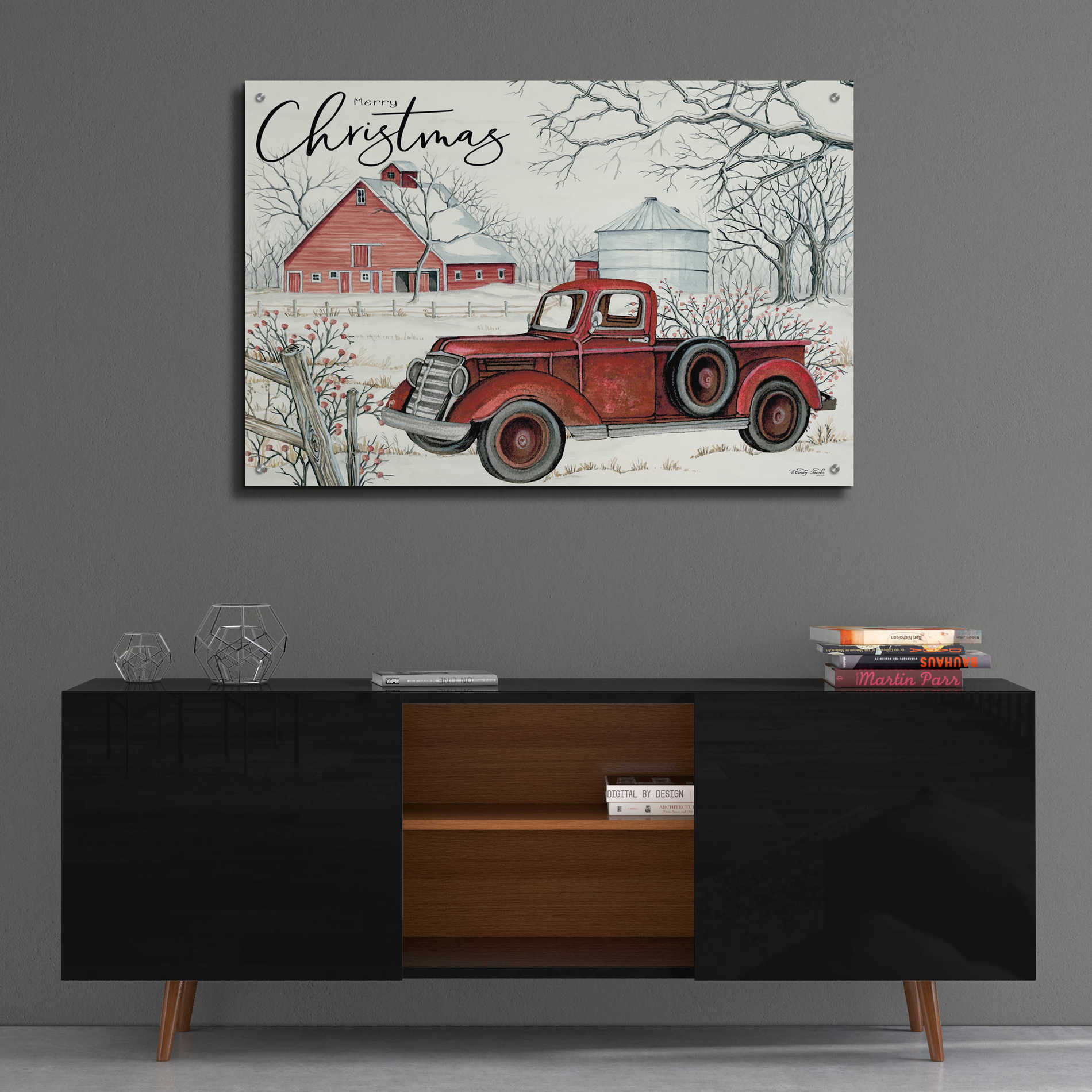 Epic Art 'Red Truck Winter Barn' by Cindy Jacobs, Acrylic Glass Wall Art,36x24