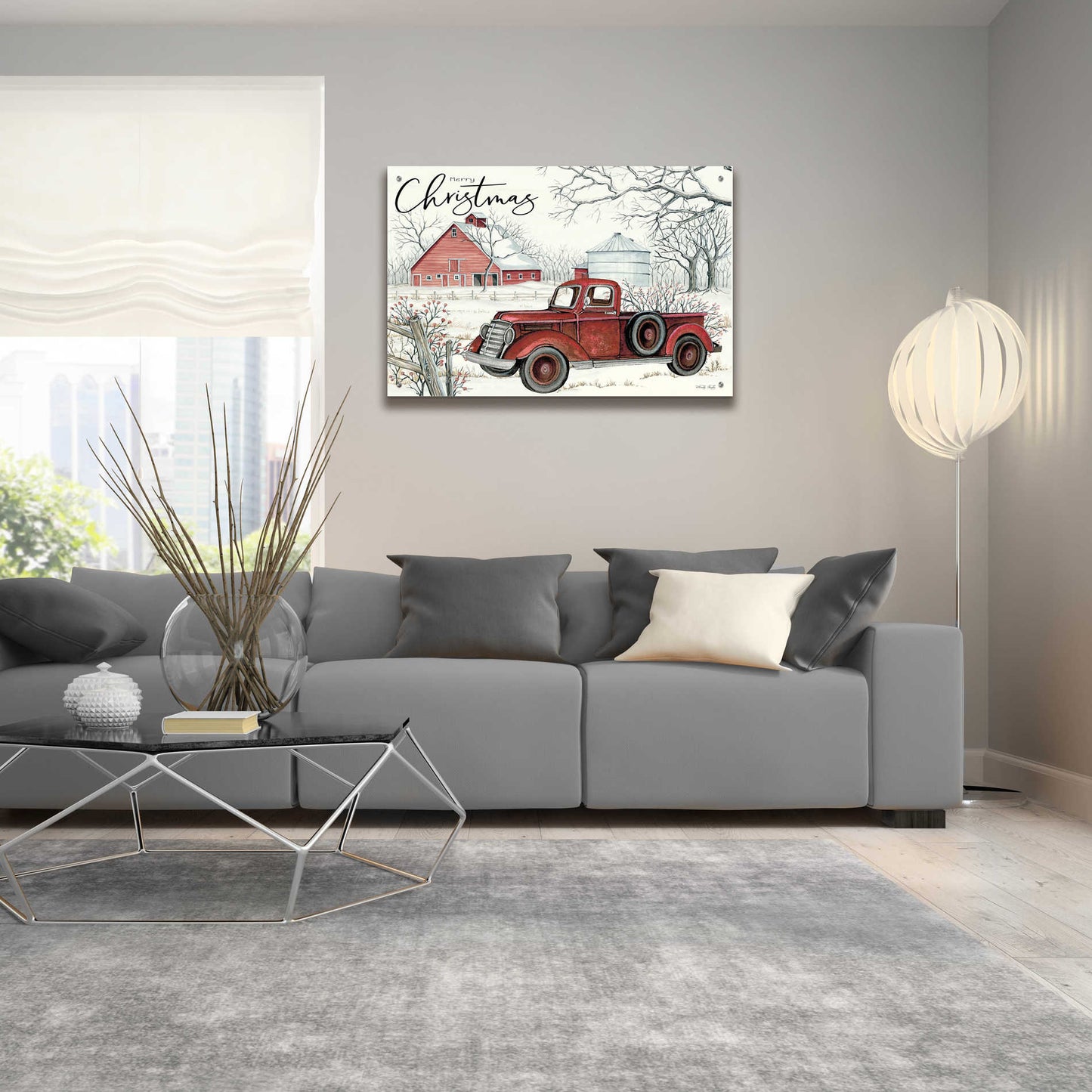 Epic Art 'Red Truck Winter Barn' by Cindy Jacobs, Acrylic Glass Wall Art,36x24