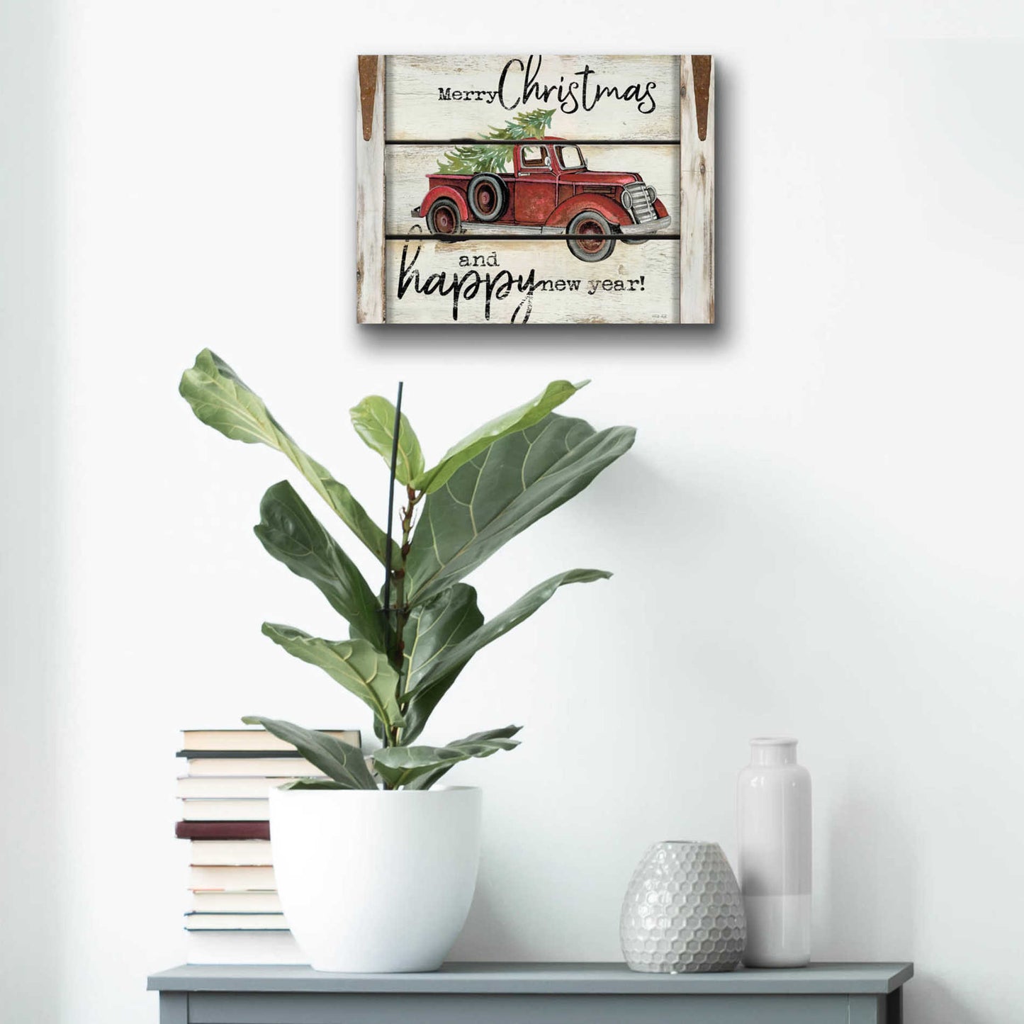Epic Art 'Merry Christmas & Happy New Year Red Truck' by Cindy Jacobs, Acrylic Glass Wall Art,16x12