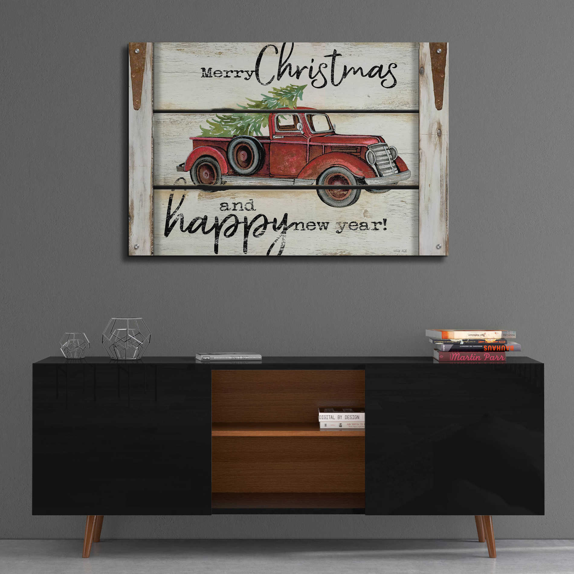 Epic Art 'Merry Christmas & Happy New Year Red Truck' by Cindy Jacobs, Acrylic Glass Wall Art,36x24