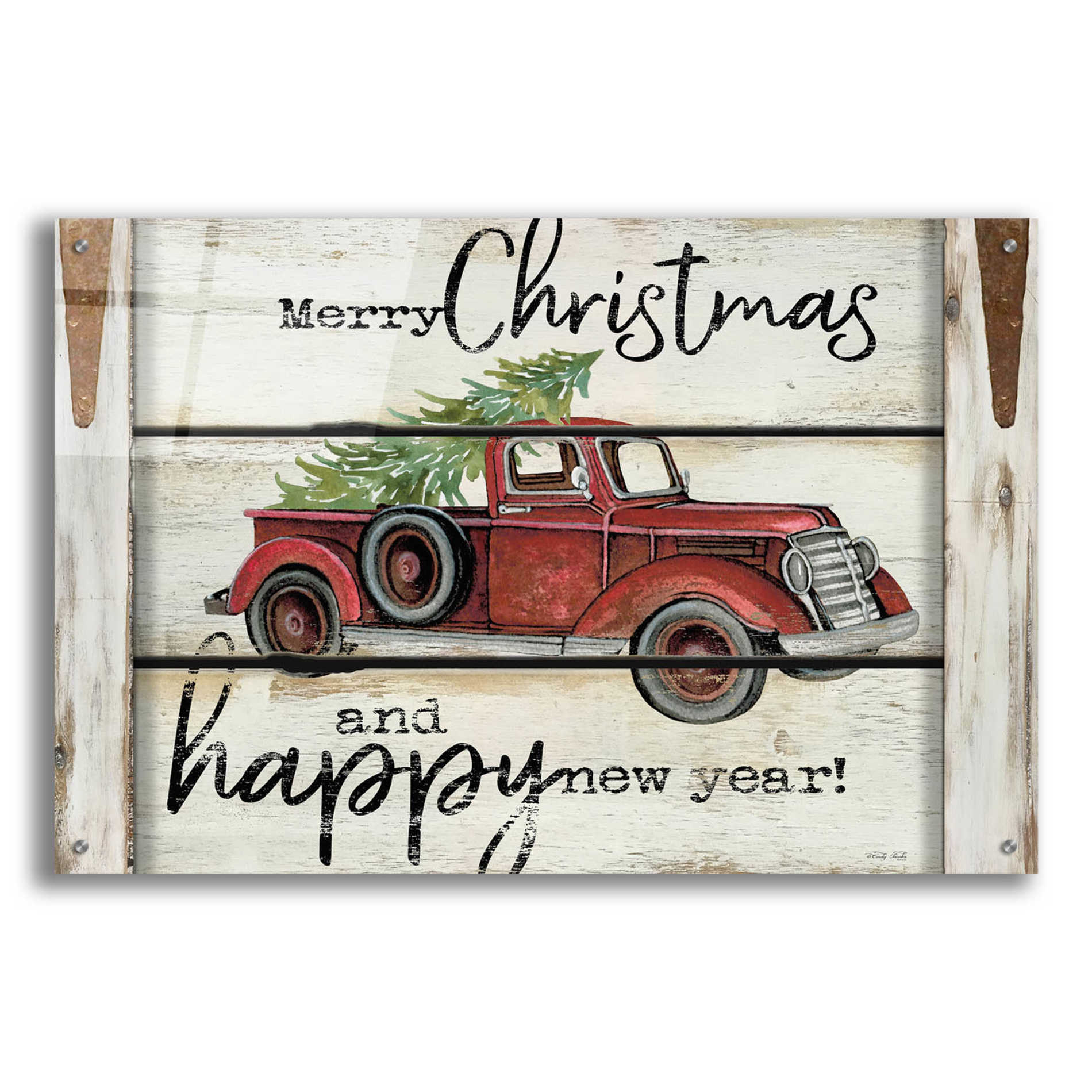 Epic Art 'Merry Christmas & Happy New Year Red Truck' by Cindy Jacobs, Acrylic Glass Wall Art,36x24