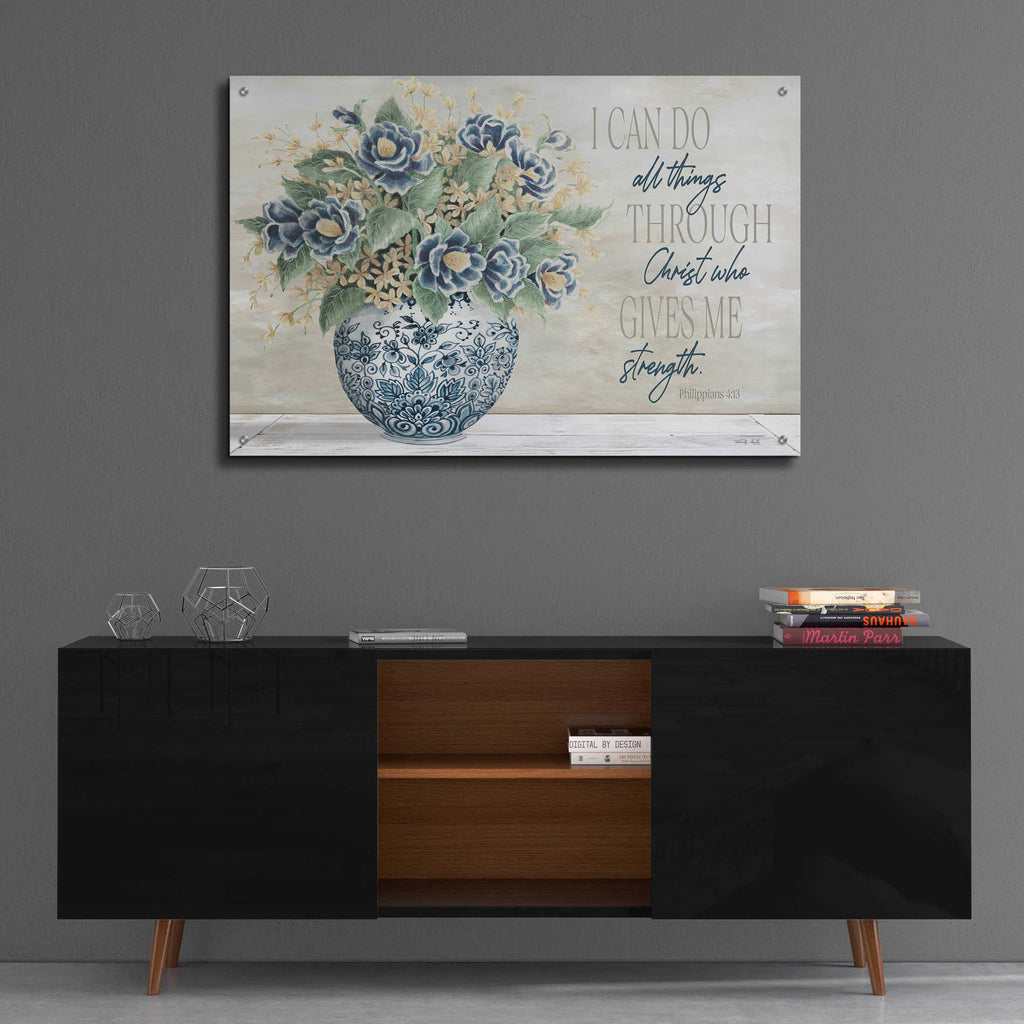 Epic Art 'I Can Do All Things Blue Vase' by Cindy Jacobs, Acrylic Glass Wall Art,36x24