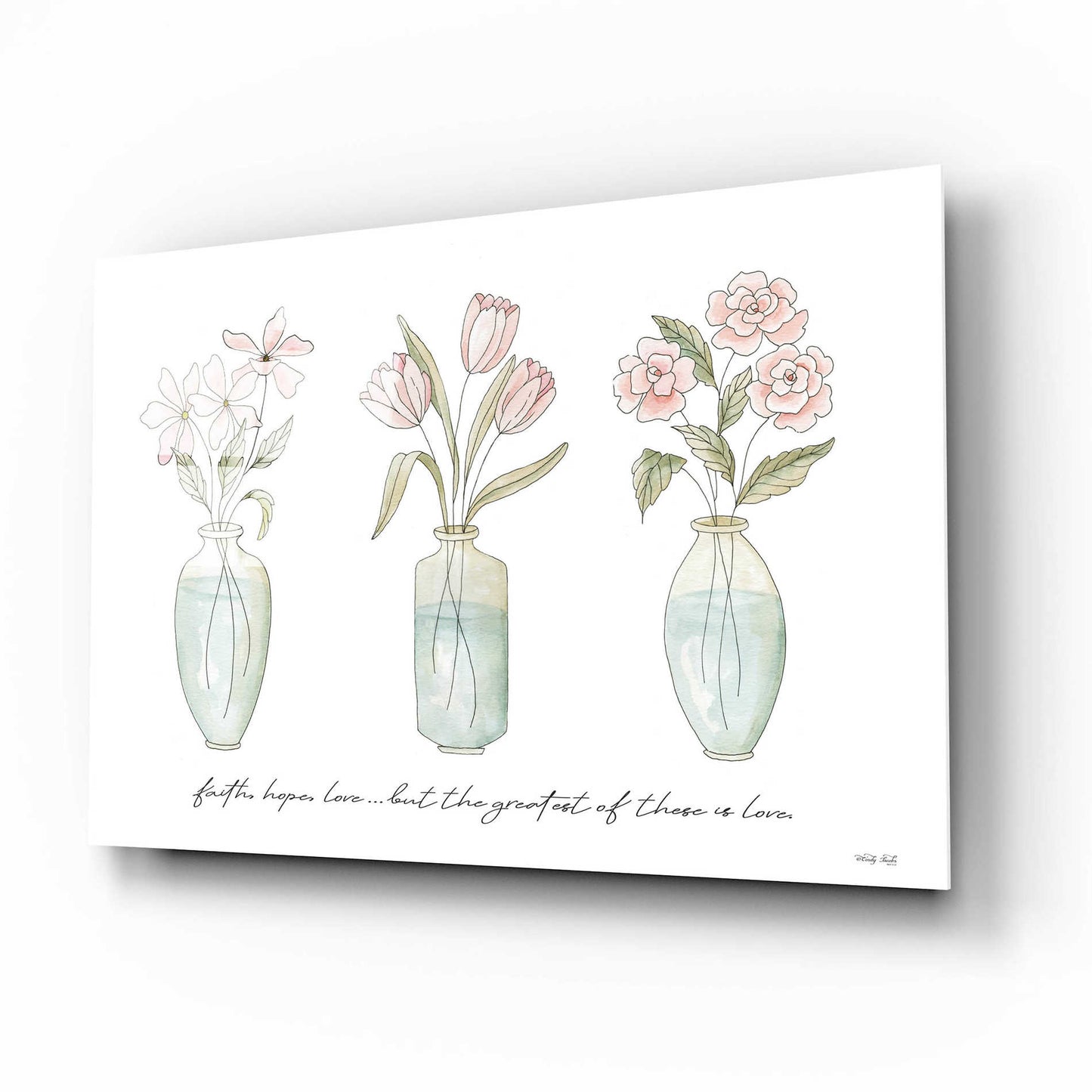 Epic Art 'Faith, Hope, Love Flower Vases' by Cindy Jacobs, Acrylic Glass Wall Art,16x12