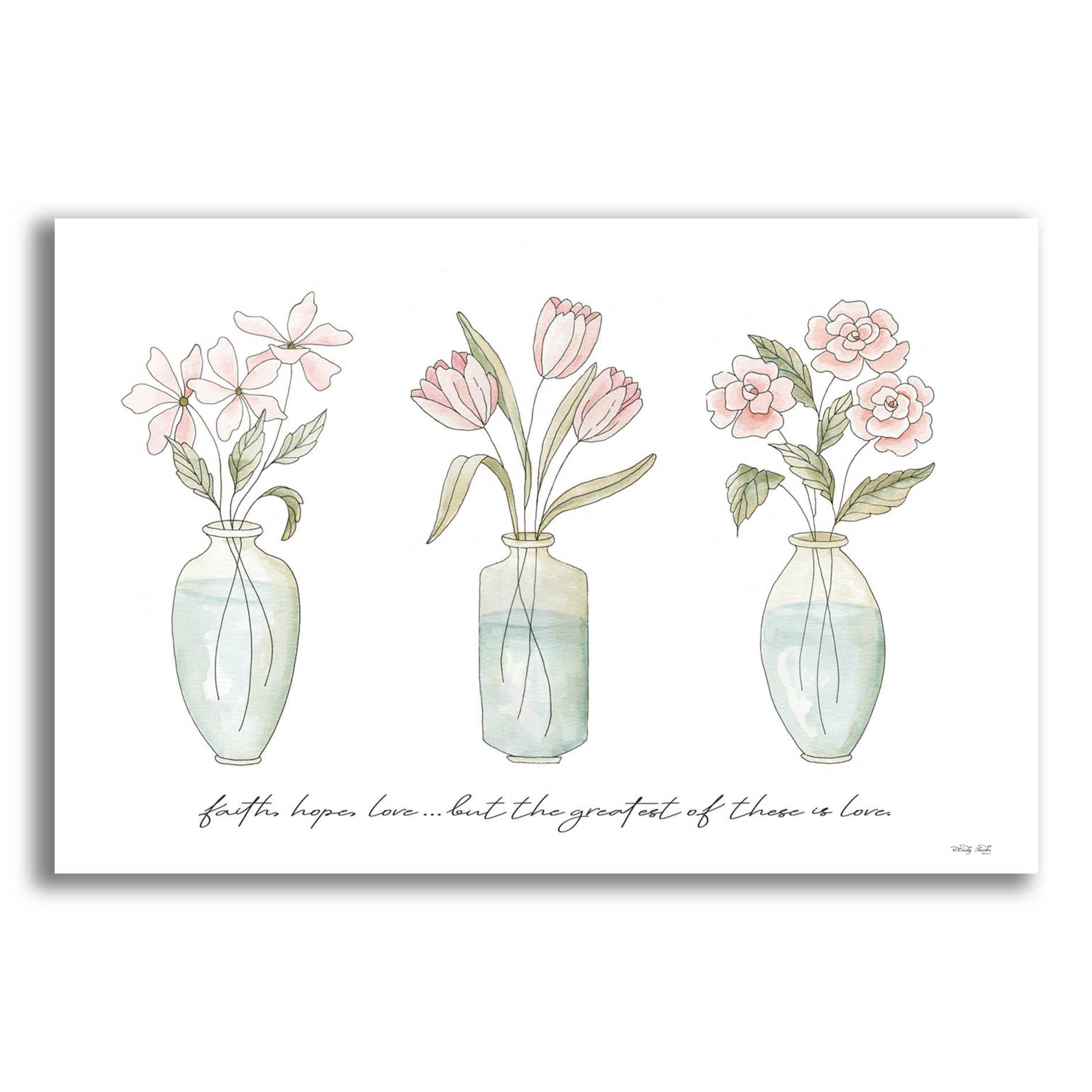 Epic Art 'Faith, Hope, Love Flower Vases' by Cindy Jacobs, Acrylic Glass Wall Art,16x12