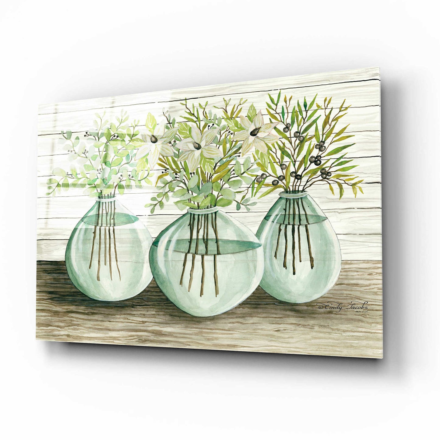 Epic Art 'Eucalyptus in Glass Vases' by Cindy Jacobs, Acrylic Glass Wall Art,16x12