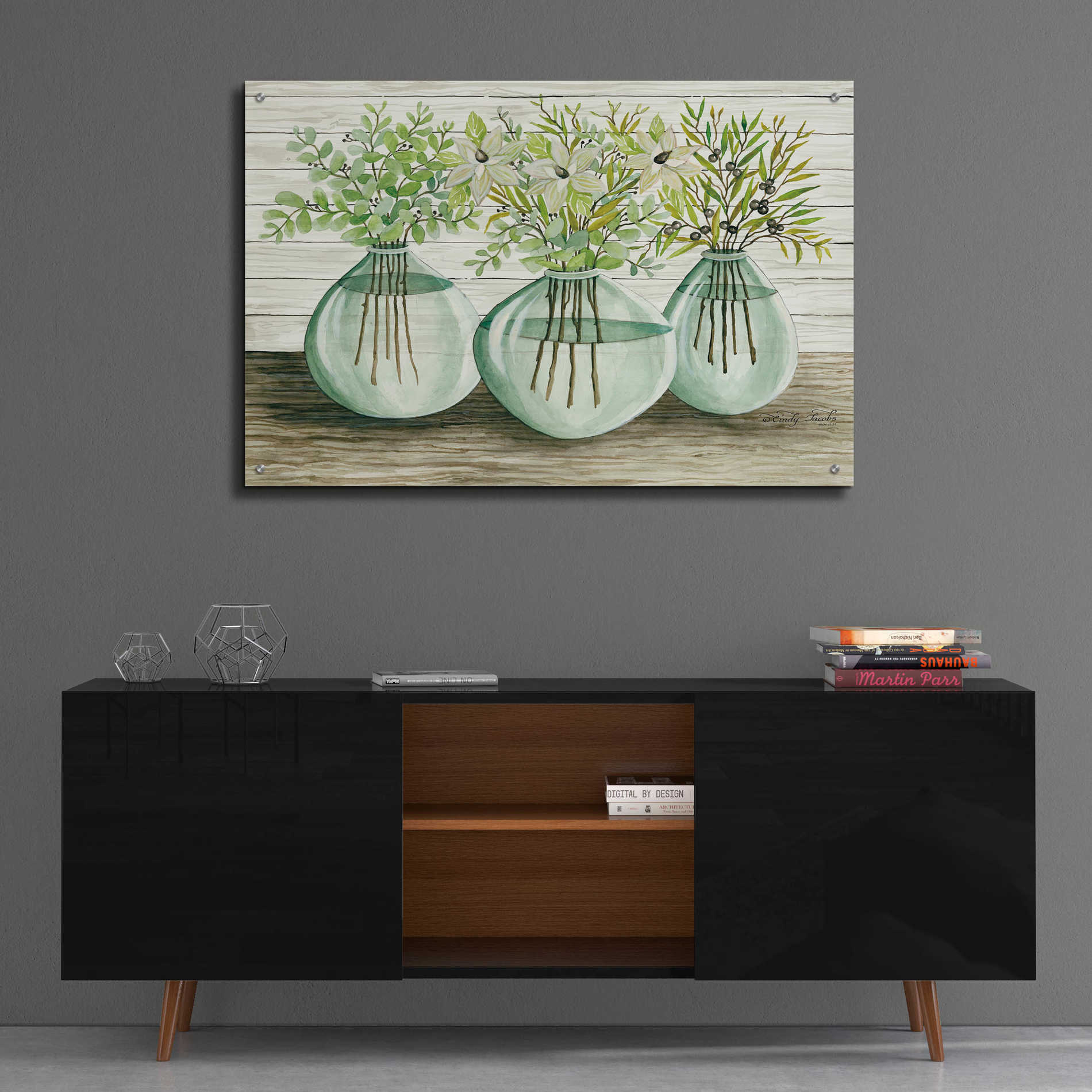 Epic Art 'Eucalyptus in Glass Vases' by Cindy Jacobs, Acrylic Glass Wall Art,36x24