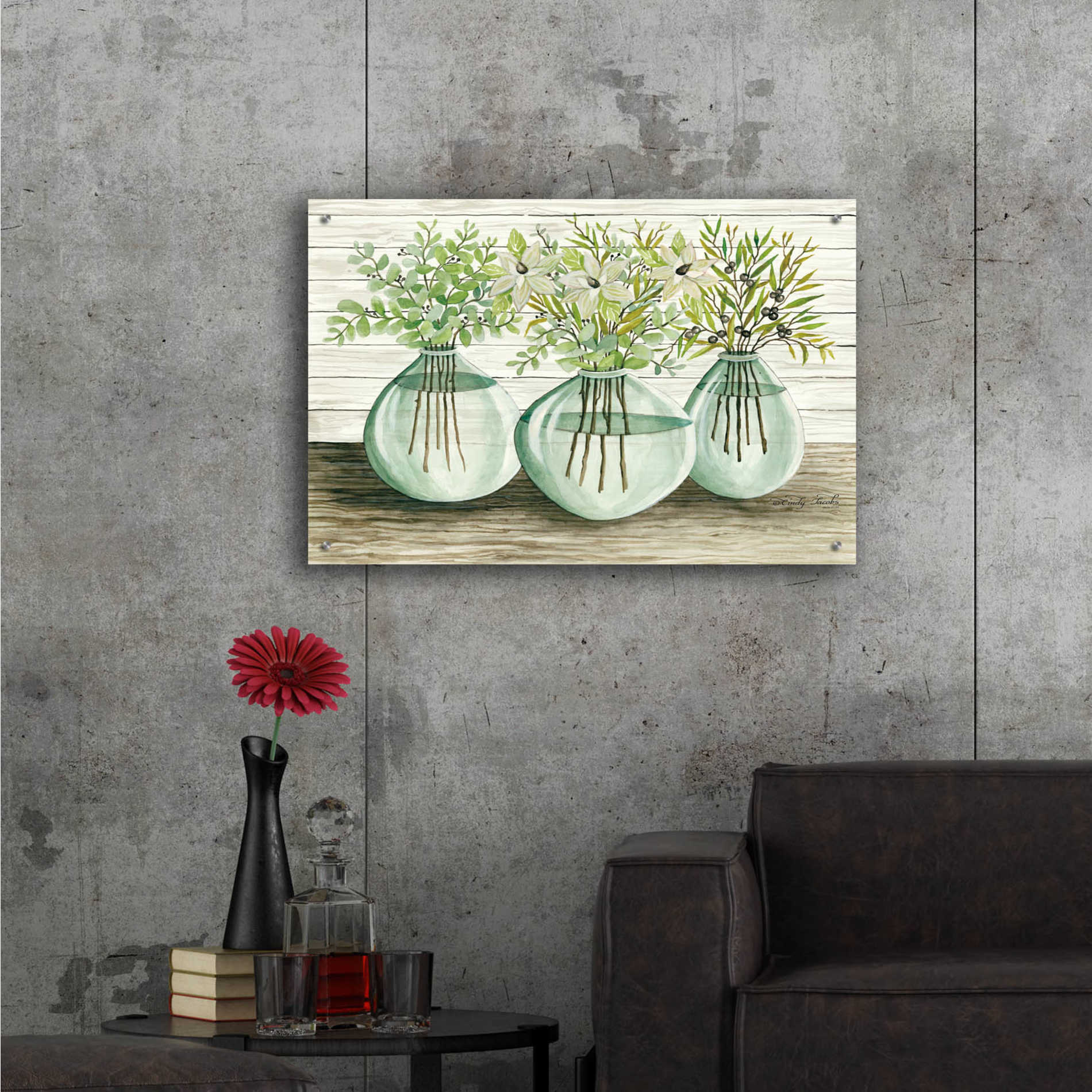 Epic Art 'Eucalyptus in Glass Vases' by Cindy Jacobs, Acrylic Glass Wall Art,36x24