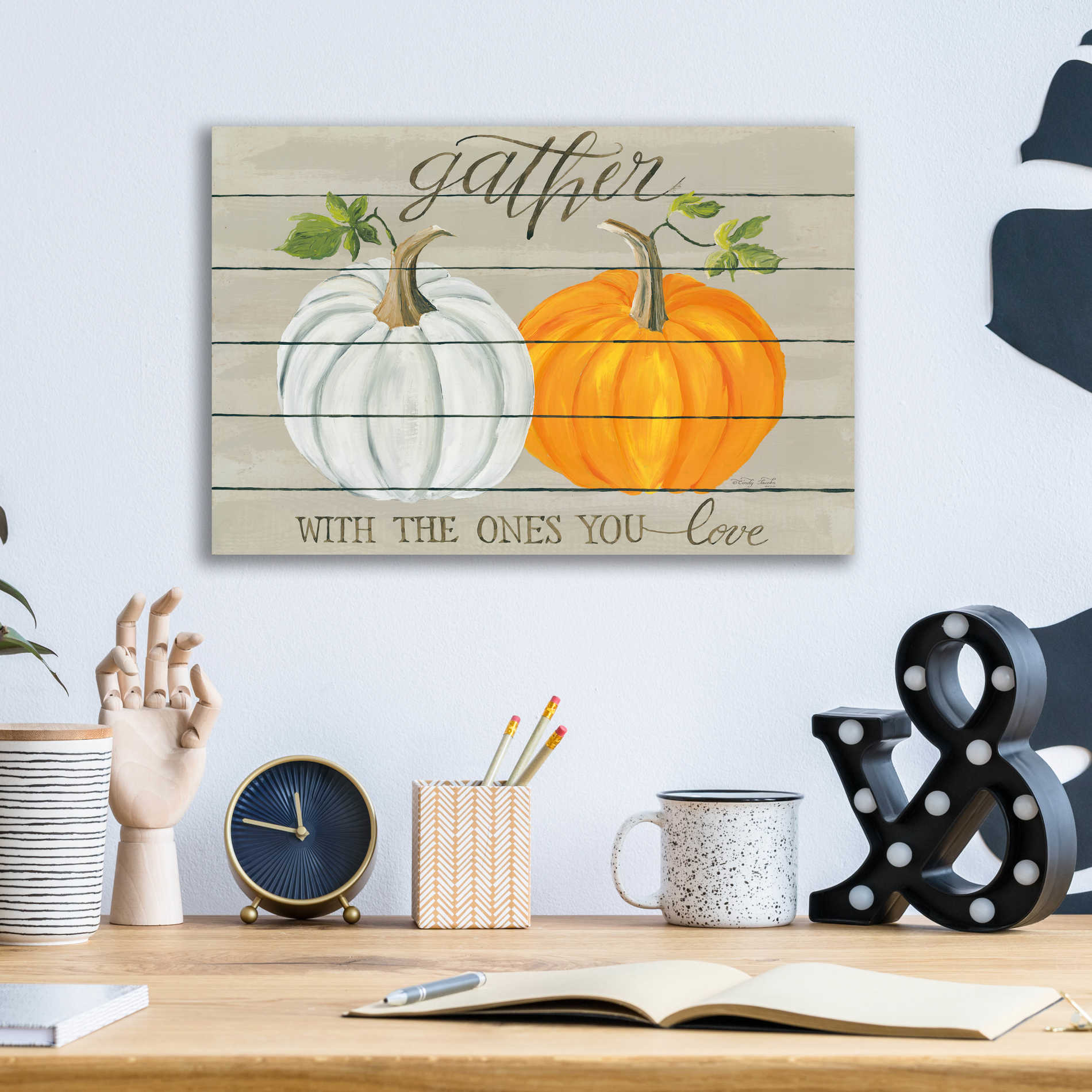 Epic Art 'Gather With The Ones You Love Pumpkins' by Cindy Jacobs, Acrylic Glass Wall Art,16x12