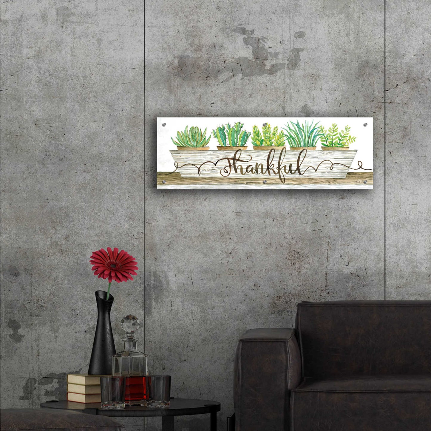 Epic Art 'Thankful Succulent Pots' by Cindy Jacobs, Acrylic Glass Wall Art,36x12