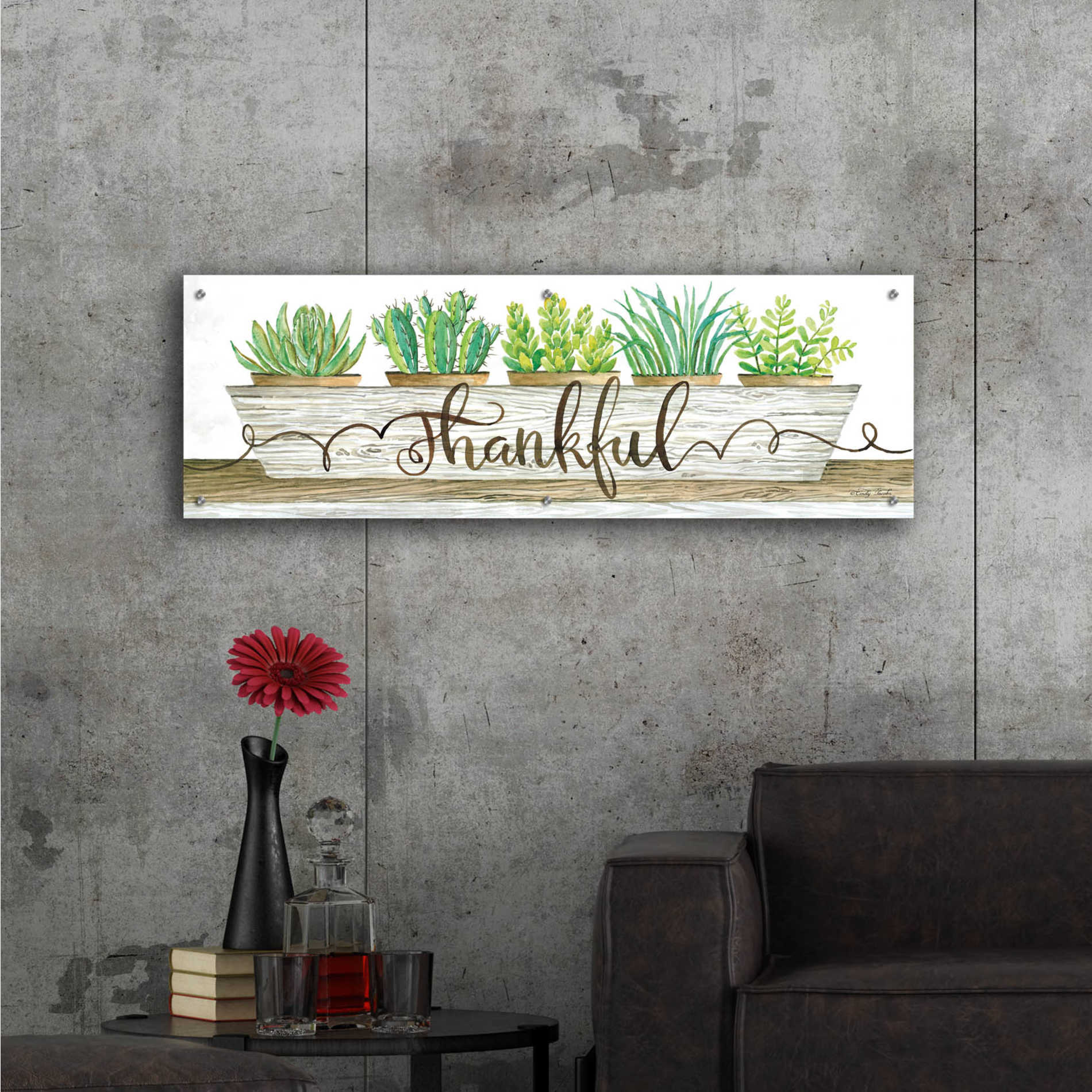 Epic Art 'Thankful Succulent Pots' by Cindy Jacobs, Acrylic Glass Wall Art,48x16