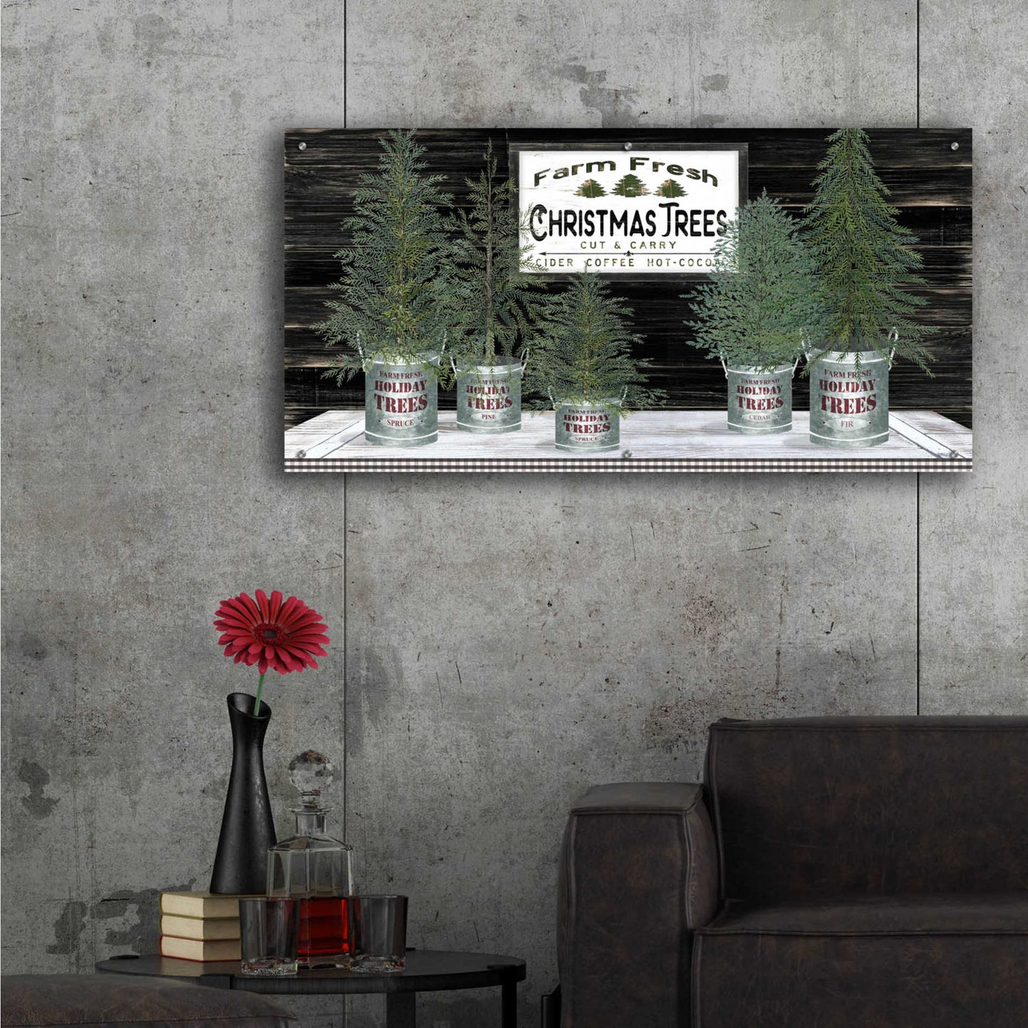 Epic Art 'Galvanized Pots Christmas Trees II' by Cindy Jacobs, Acrylic Glass Wall Art,48x24