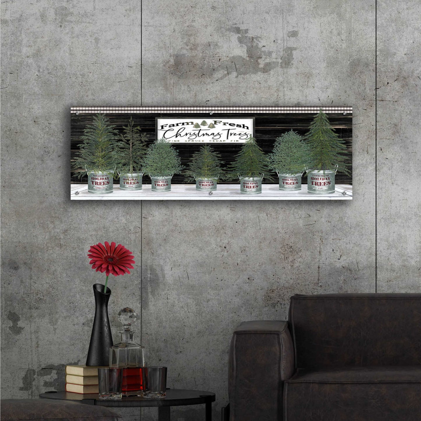 Epic Art 'Galvanized Pots Christmas Trees I' by Cindy Jacobs, Acrylic Glass Wall Art,48x16