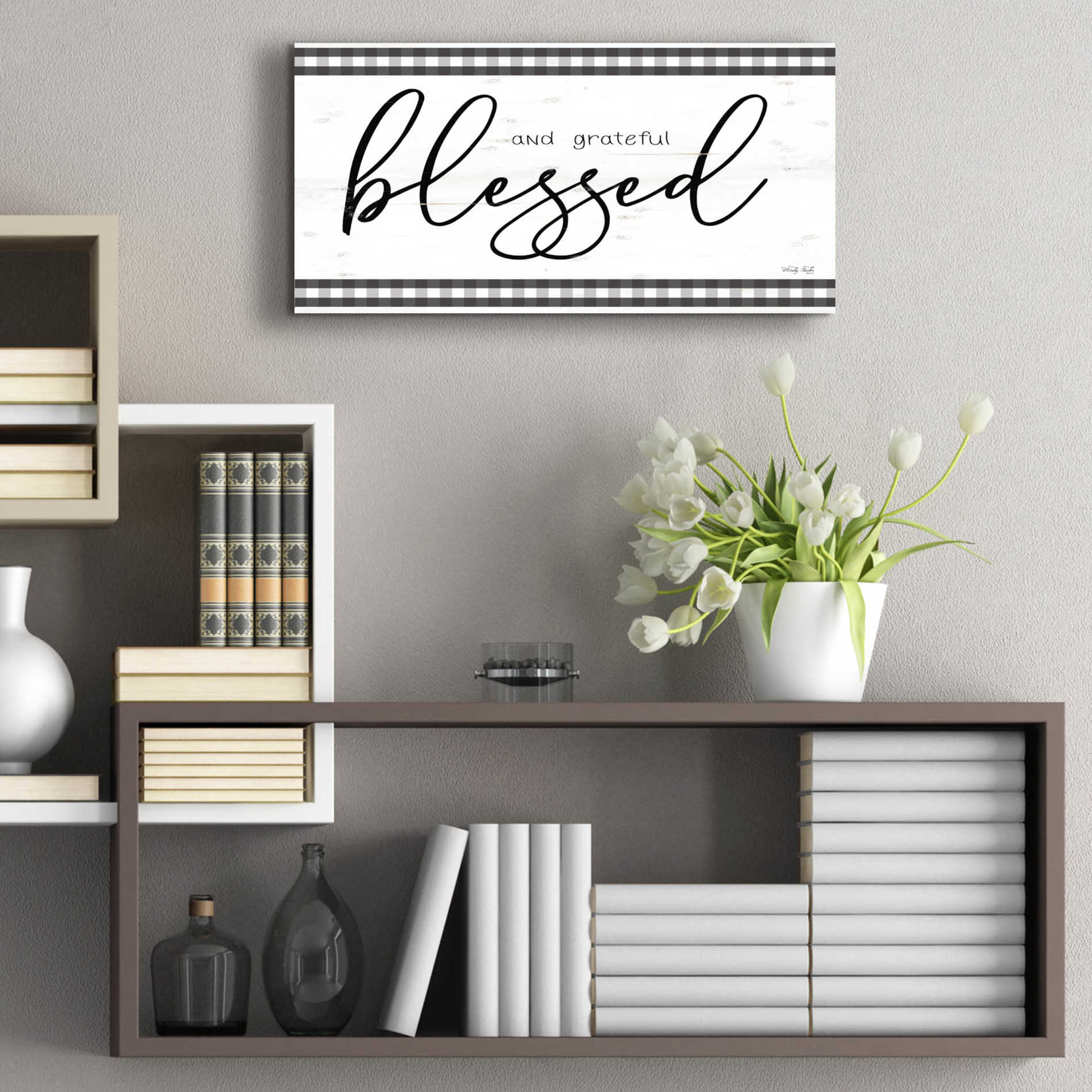 Epic Art 'Blessed and Grateful Plaid' by Cindy Jacobs, Acrylic Glass Wall Art,24x12