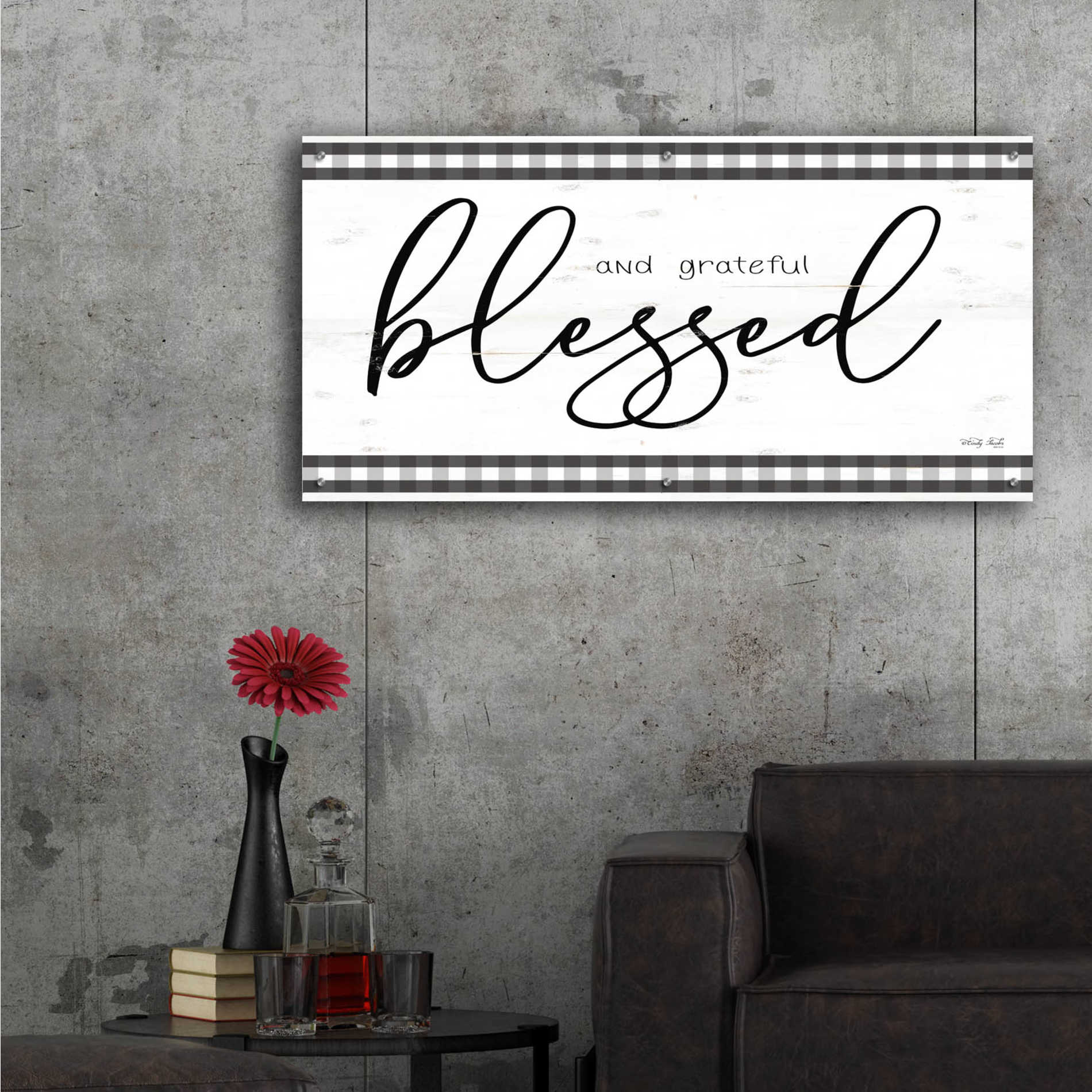 Epic Art 'Blessed and Grateful Plaid' by Cindy Jacobs, Acrylic Glass Wall Art,48x24