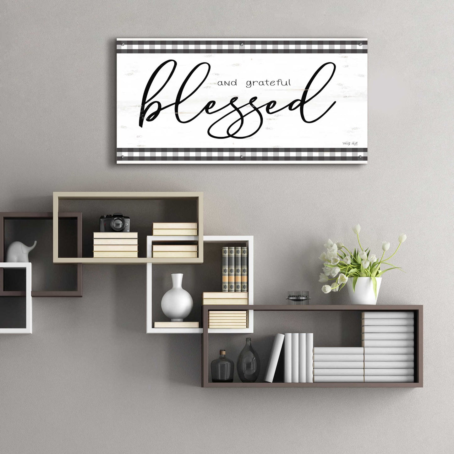 Epic Art 'Blessed and Grateful Plaid' by Cindy Jacobs, Acrylic Glass Wall Art,48x24