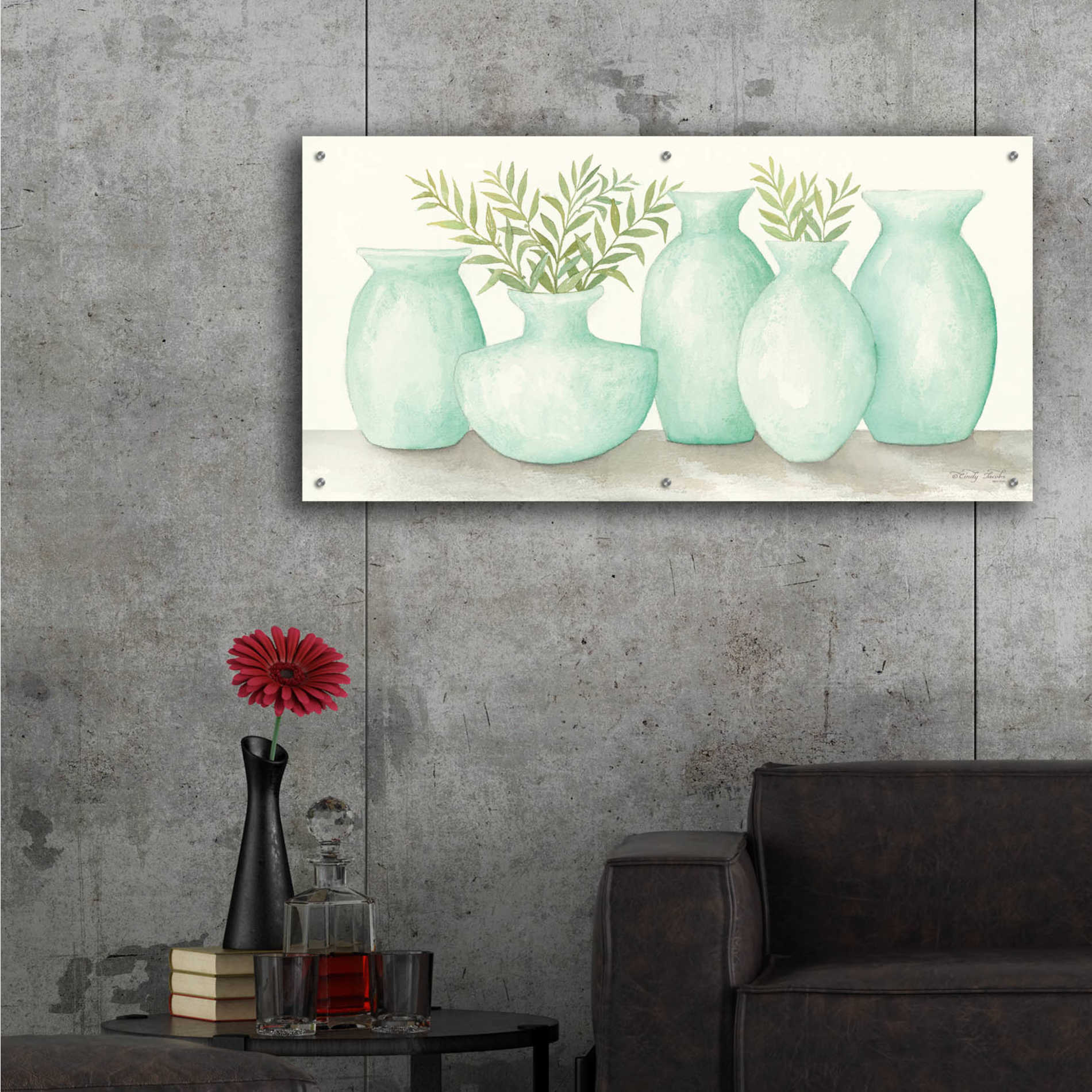 Epic Art 'Mint Vases' by Cindy Jacobs, Acrylic Glass Wall Art,48x24