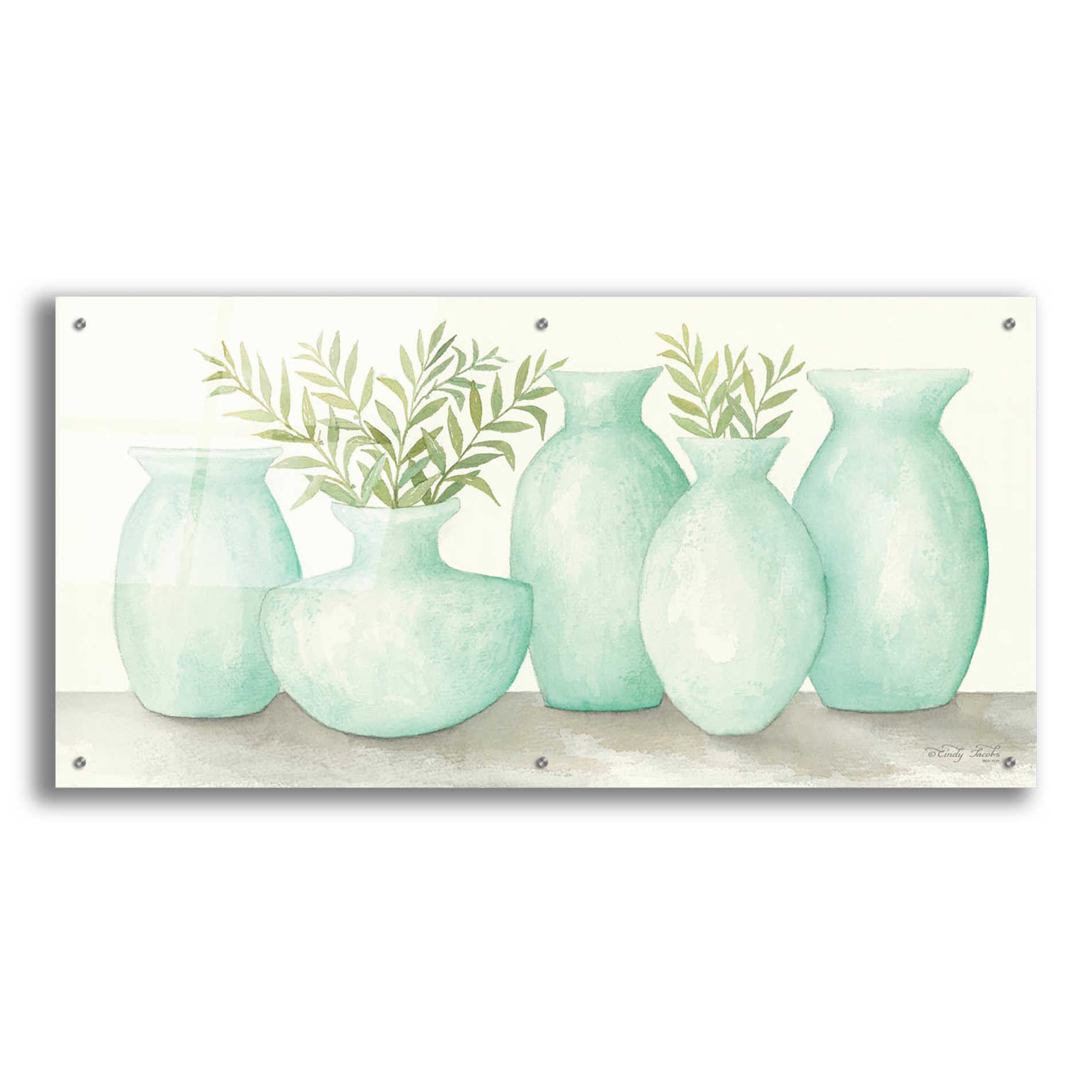 Epic Art 'Mint Vases' by Cindy Jacobs, Acrylic Glass Wall Art,48x24