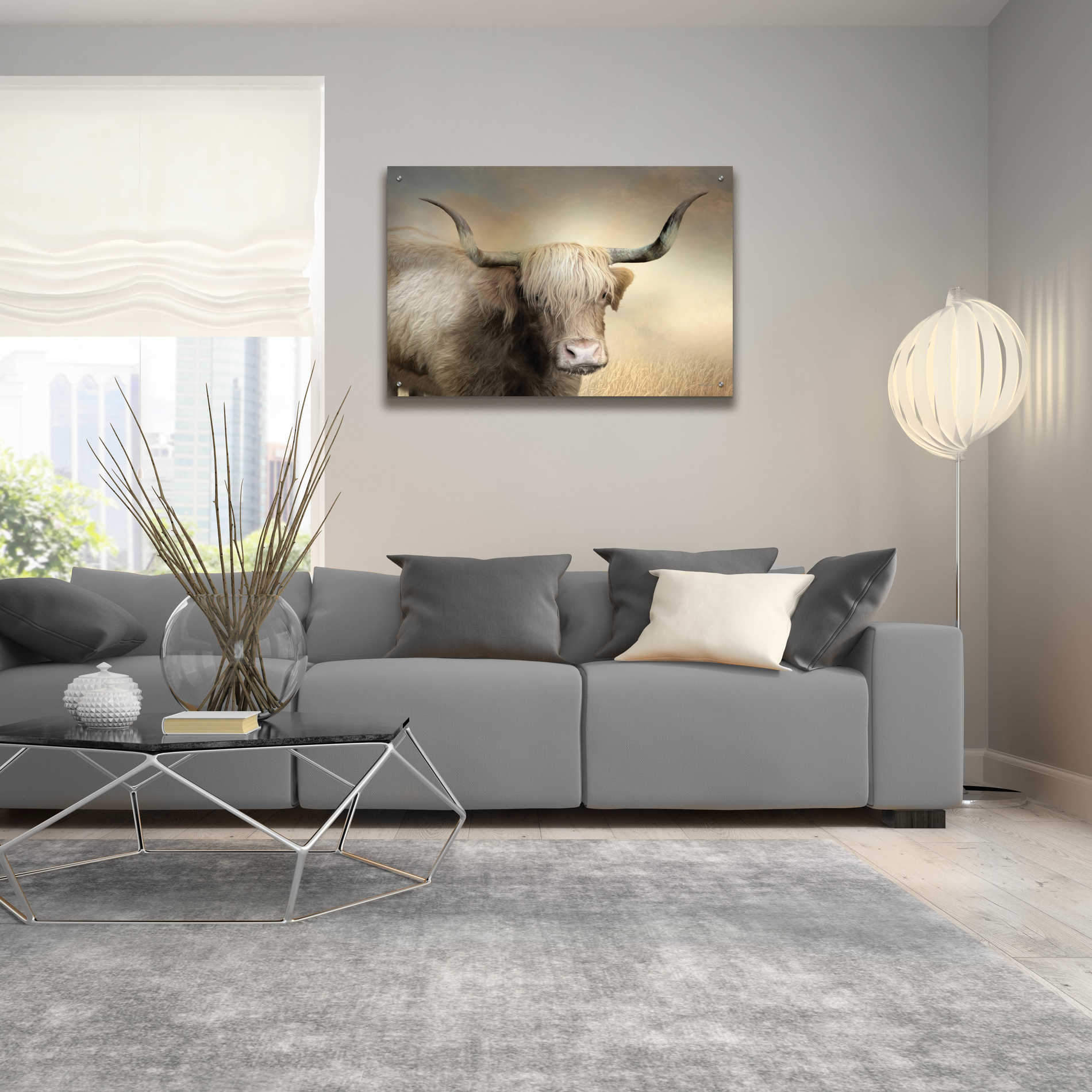 Epic Art 'Highland Cow in Golden Grass' by Lori Deiter Acrylic Glass Wall Art,36x24