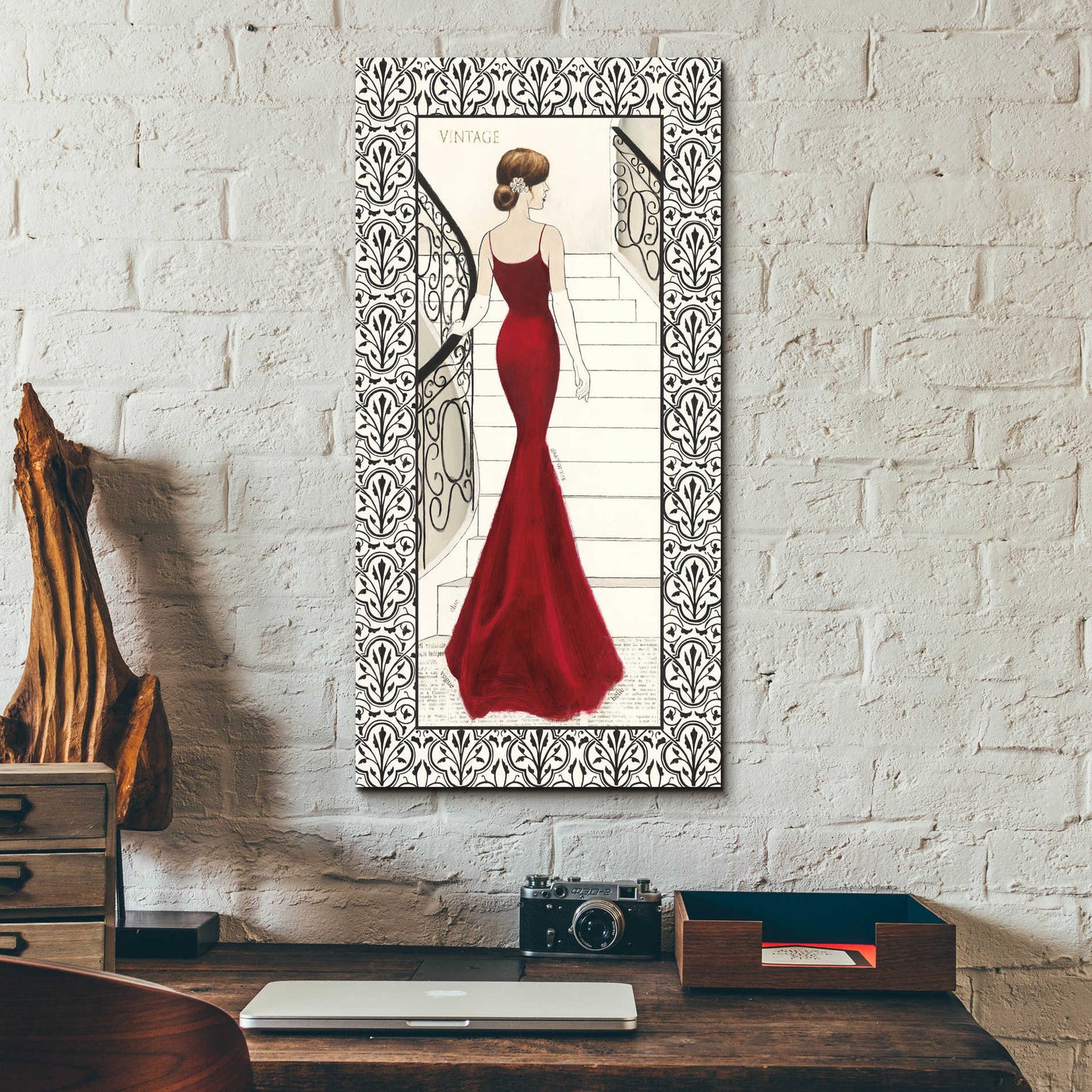 Epic Art 'La Belle Rouge with Floral Cartouche Border' by Emily Adams, Acrylic Glass Wall Art,12x24