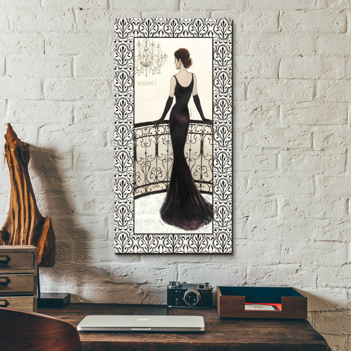 Epic Art 'La Belle Noir with Floral Cartouche Border 4' by Emily Adams, Acrylic Glass Wall Art,12x24