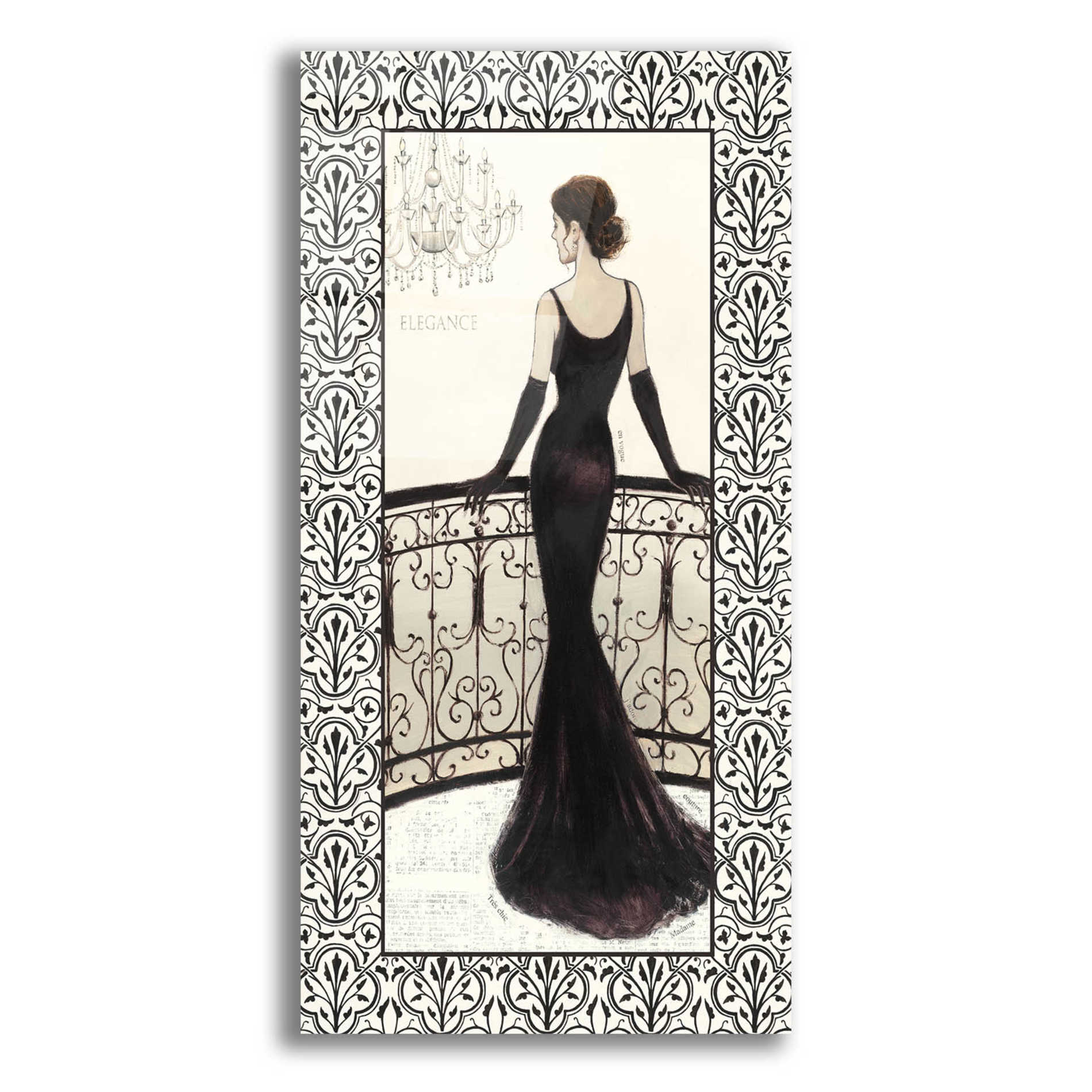 Epic Art 'La Belle Noir with Floral Cartouche Border 4' by Emily Adams, Acrylic Glass Wall Art,12x24
