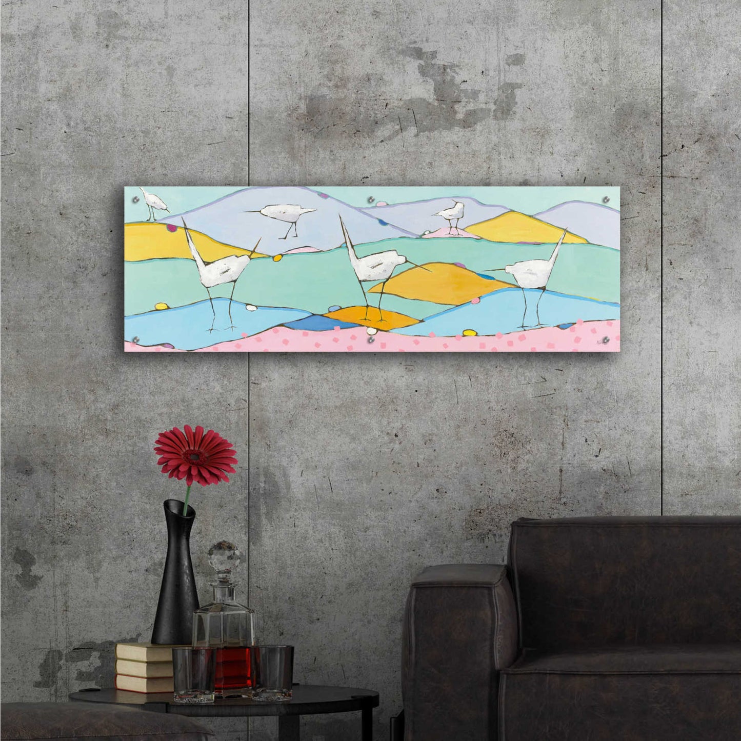 Epic Art 'Marsh Egrets I Pink Sand' by Phyllis Adams, Acrylic Glass Wall Art,48x16