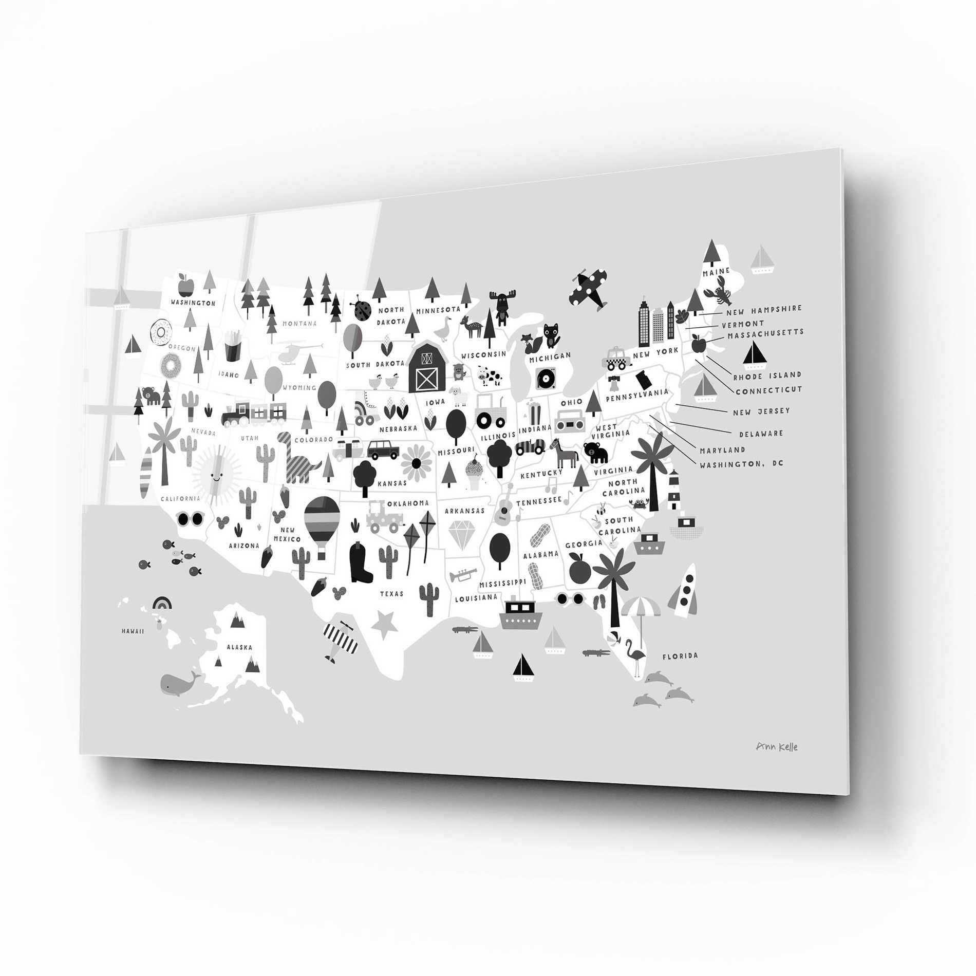 Epic Art 'Fun USA Map BW' by Ann Kelle Designs, Acrylic Glass Wall Art,16x12