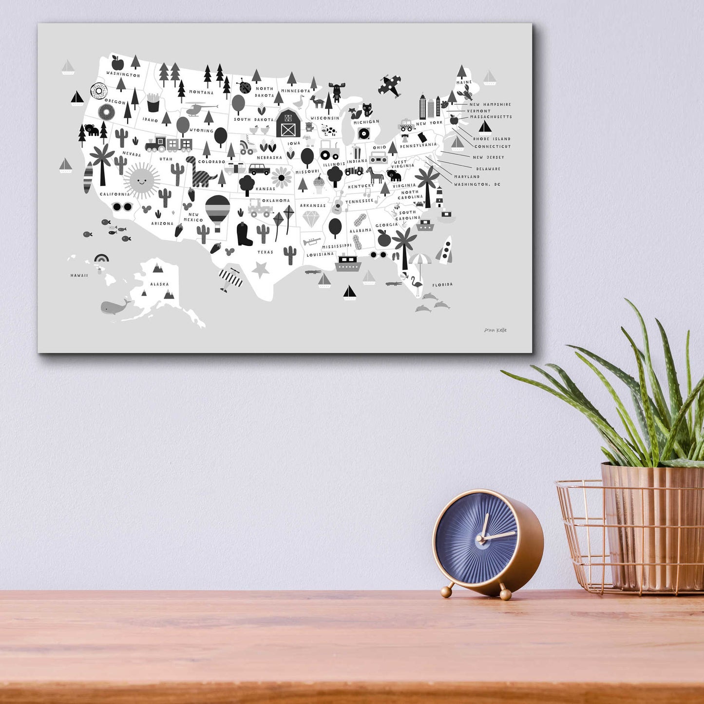 Epic Art 'Fun USA Map BW' by Ann Kelle Designs, Acrylic Glass Wall Art,16x12