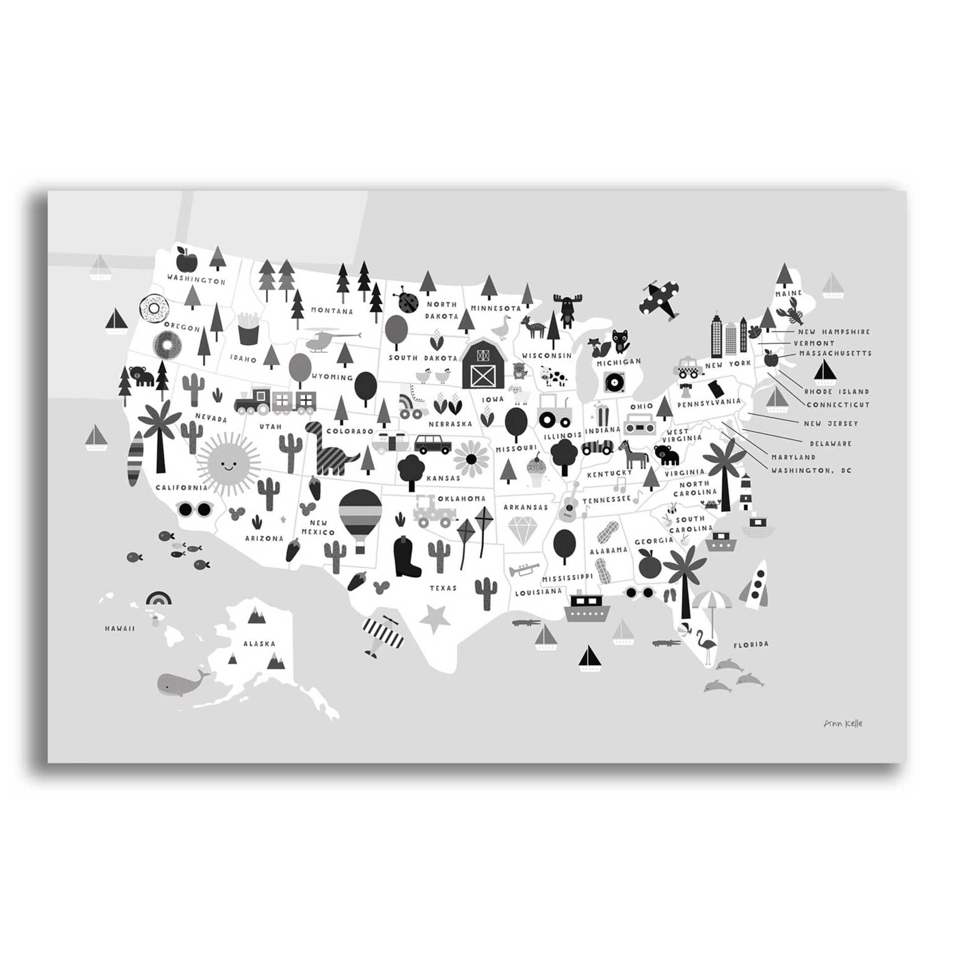 Epic Art 'Fun USA Map BW' by Ann Kelle Designs, Acrylic Glass Wall Art,16x12