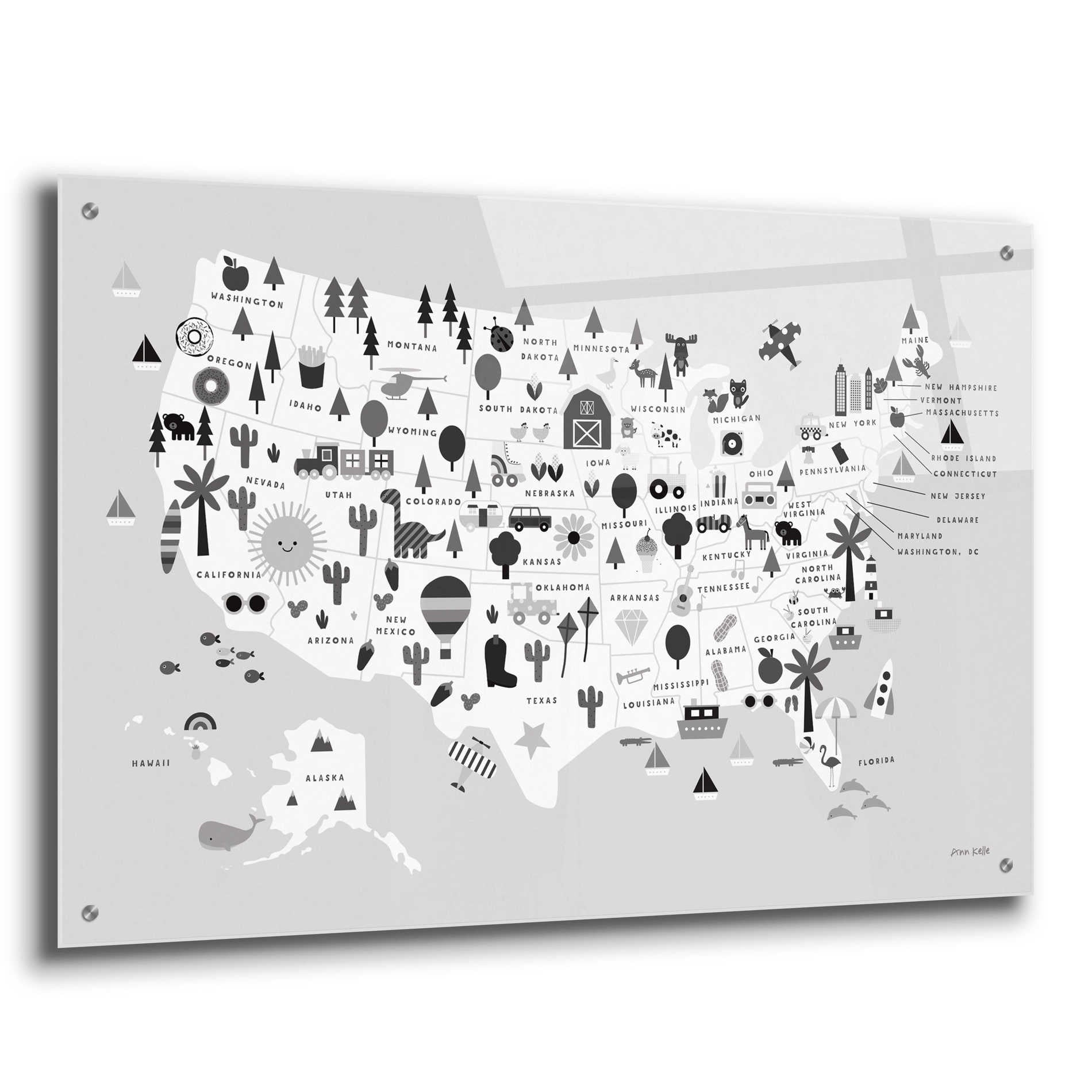 Epic Art 'Fun USA Map BW' by Ann Kelle Designs, Acrylic Glass Wall Art,36x24
