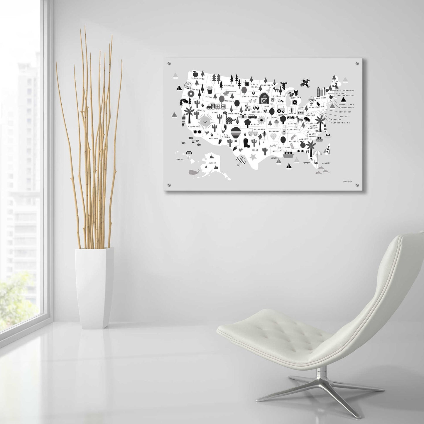 Epic Art 'Fun USA Map BW' by Ann Kelle Designs, Acrylic Glass Wall Art,36x24