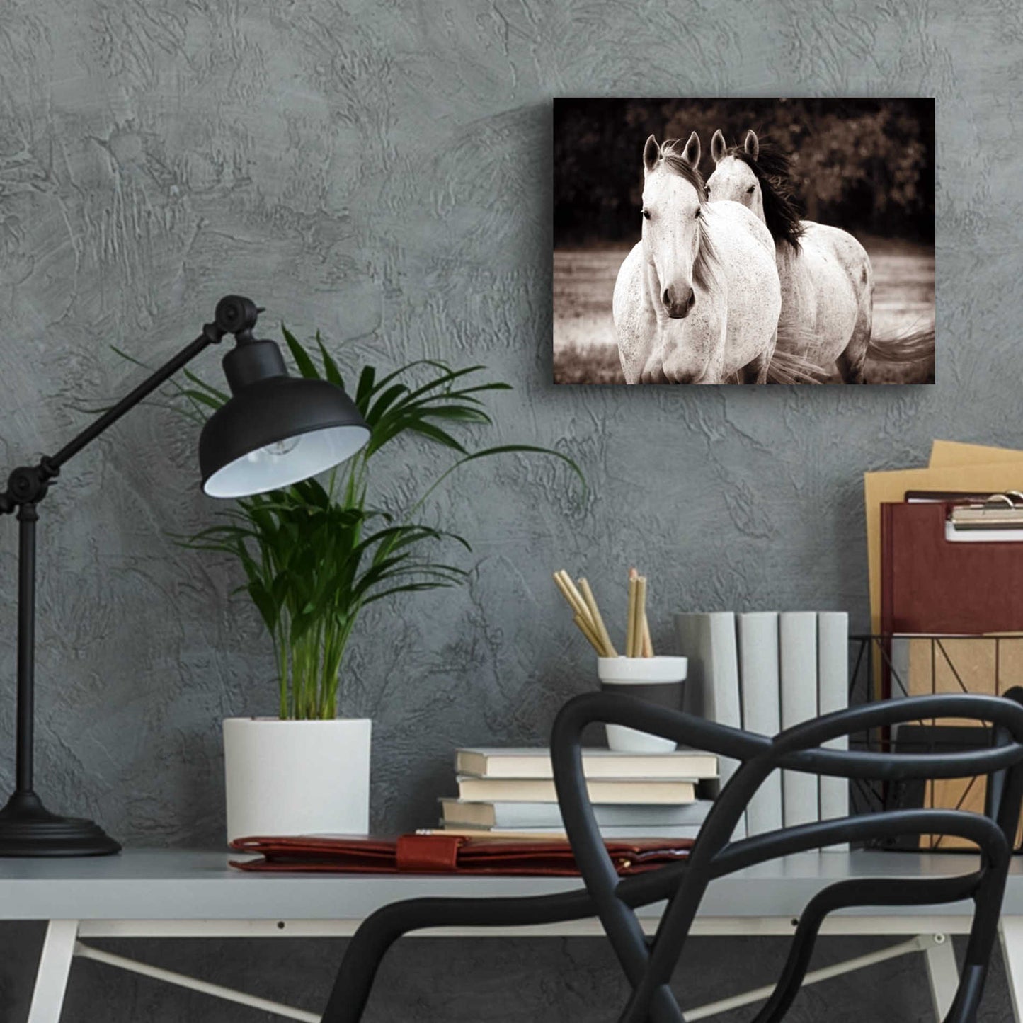 Epic Art 'Two Wild Horses Sepia' by Debra Van Swearingen, Acrylic Glass Wall Art,16x12