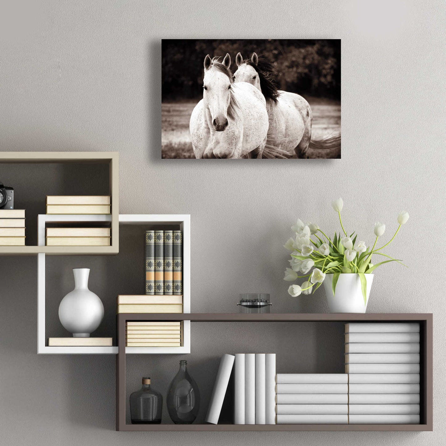 Epic Art 'Two Wild Horses Sepia' by Debra Van Swearingen, Acrylic Glass Wall Art,24x16