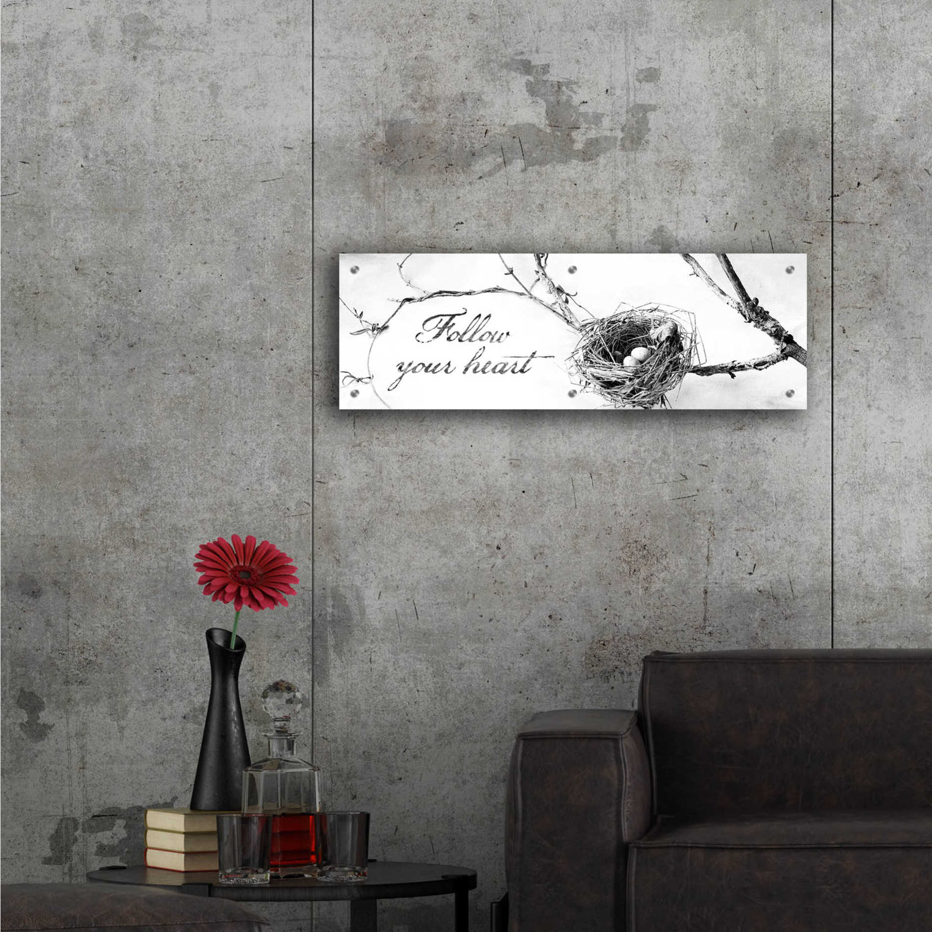 Epic Art 'Nest and Branch Follow Your Heart' by Debra Van Swearingen, Acrylic Glass Wall Art,36x12