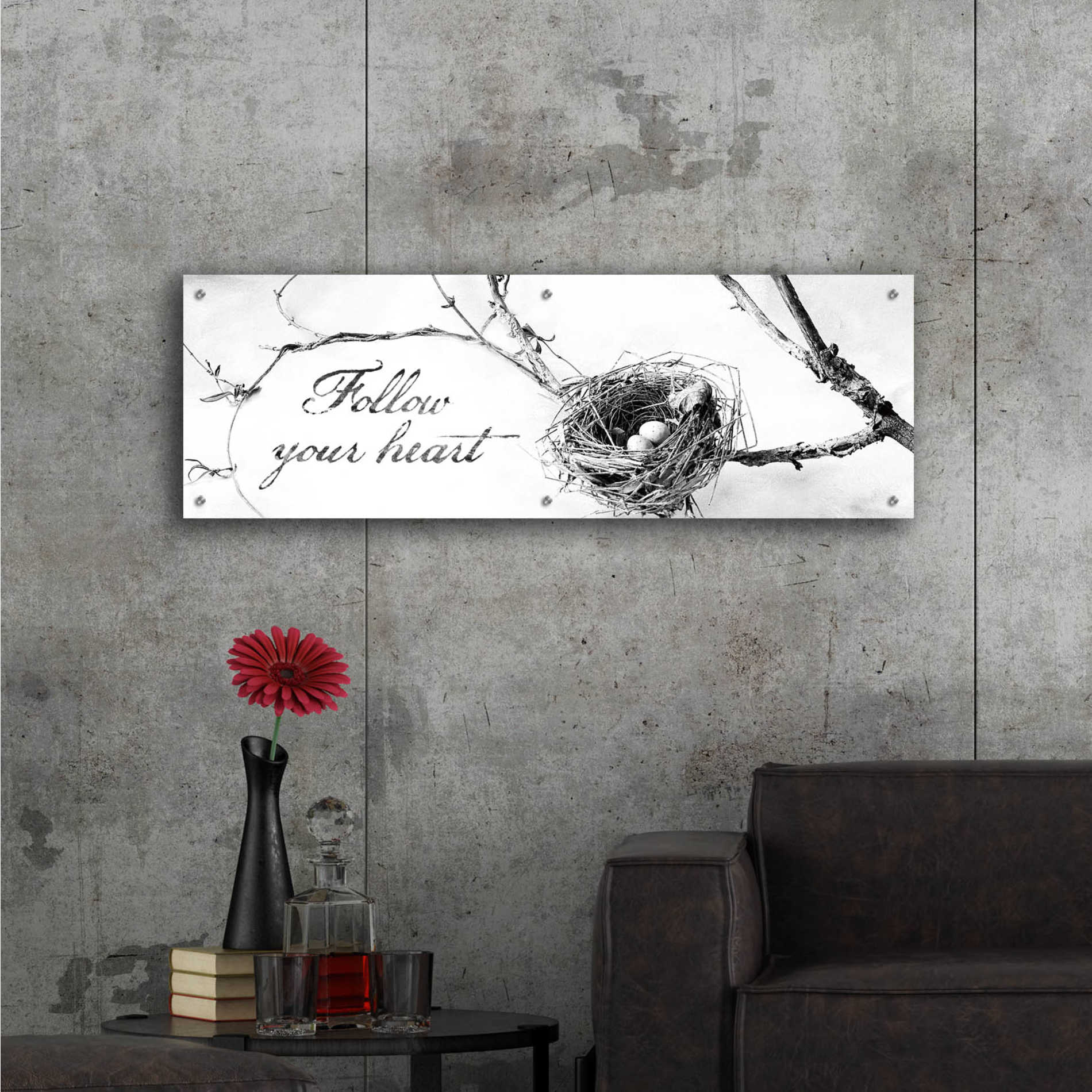 Epic Art 'Nest and Branch Follow Your Heart' by Debra Van Swearingen, Acrylic Glass Wall Art,48x16