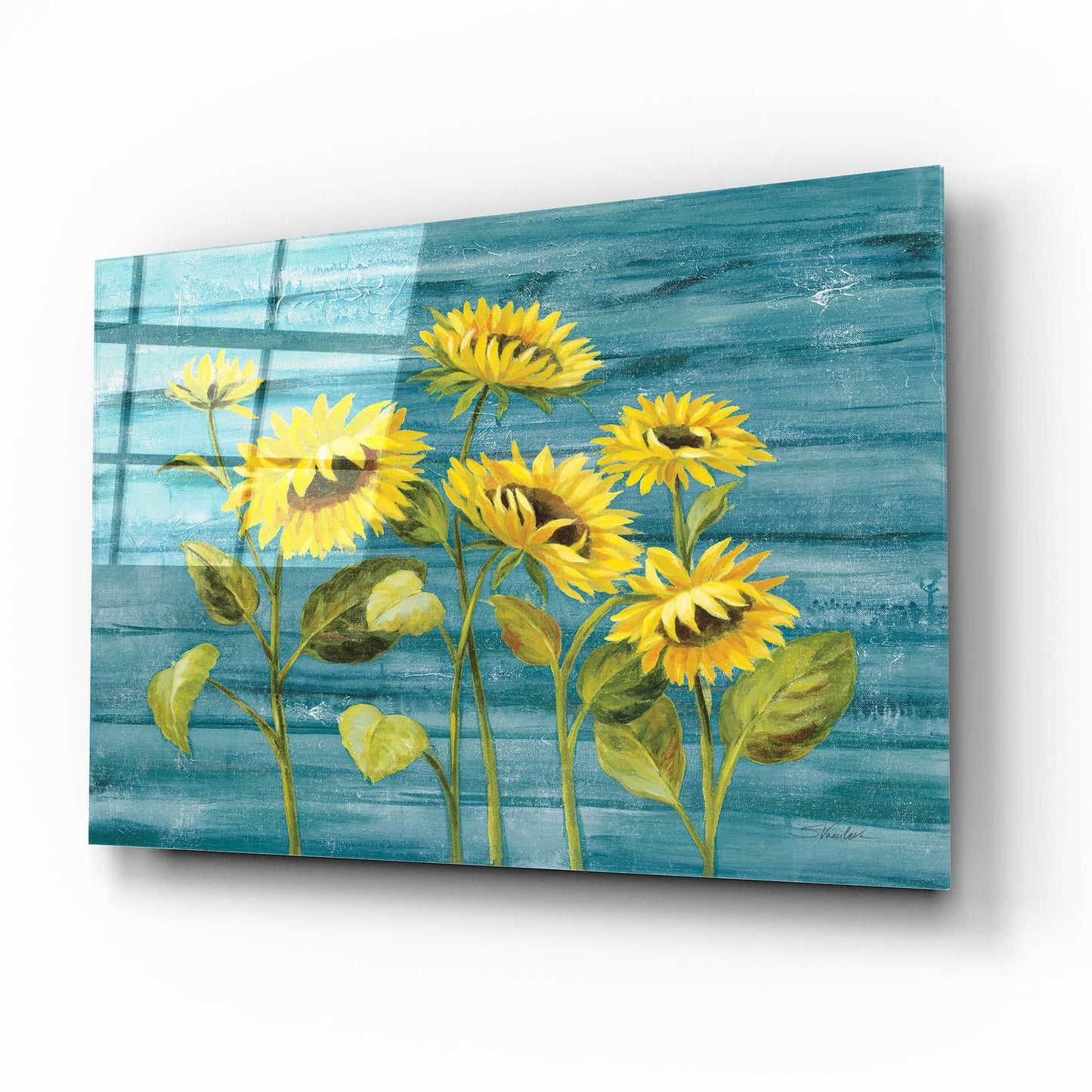 Epic Art 'Cottage Sunflowers Teal' by Silvia Vassileva, Acrylic Glass Wall Art,16x12