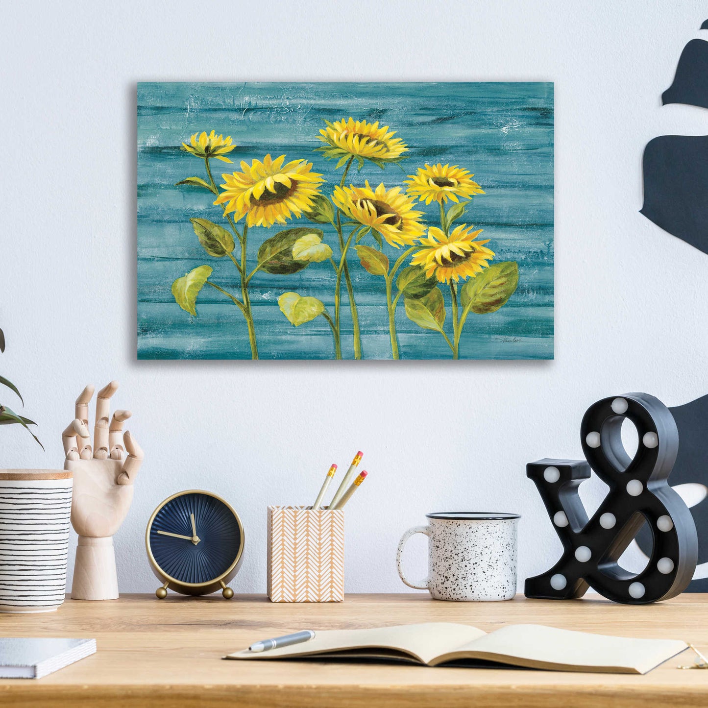 Epic Art 'Cottage Sunflowers Teal' by Silvia Vassileva, Acrylic Glass Wall Art,16x12