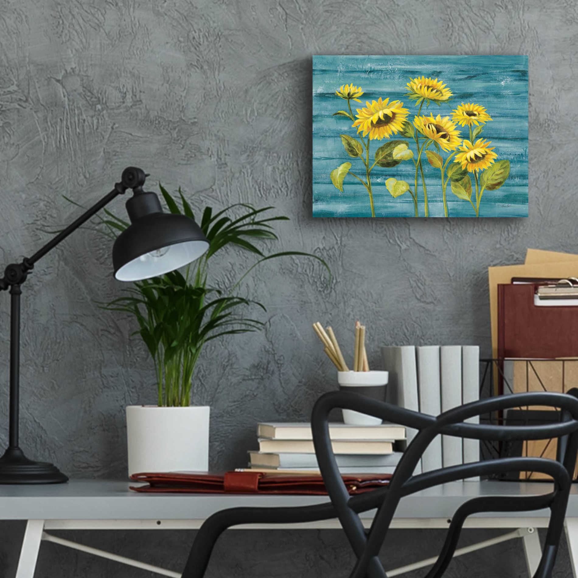 Epic Art 'Cottage Sunflowers Teal' by Silvia Vassileva, Acrylic Glass Wall Art,16x12