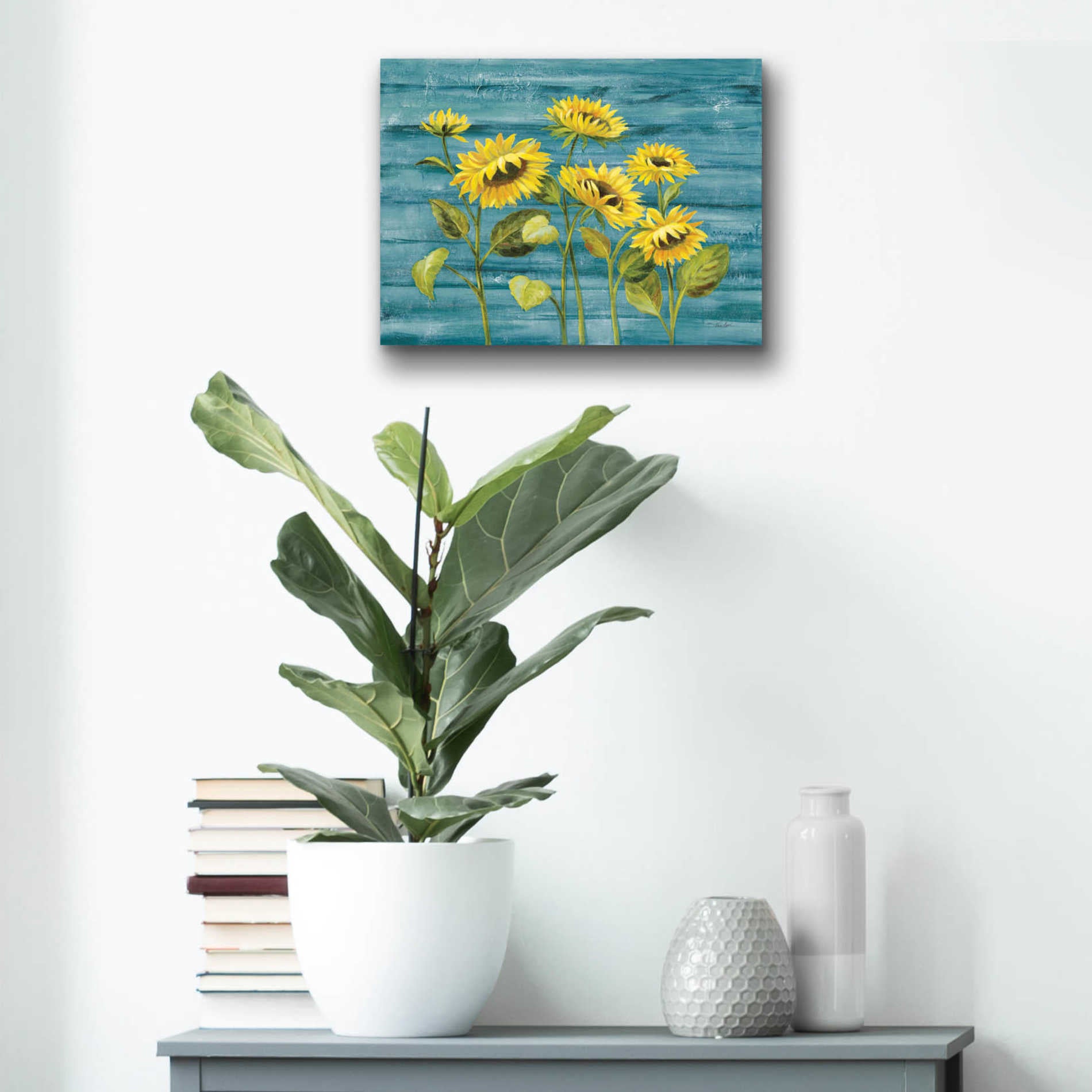 Epic Art 'Cottage Sunflowers Teal' by Silvia Vassileva, Acrylic Glass Wall Art,16x12