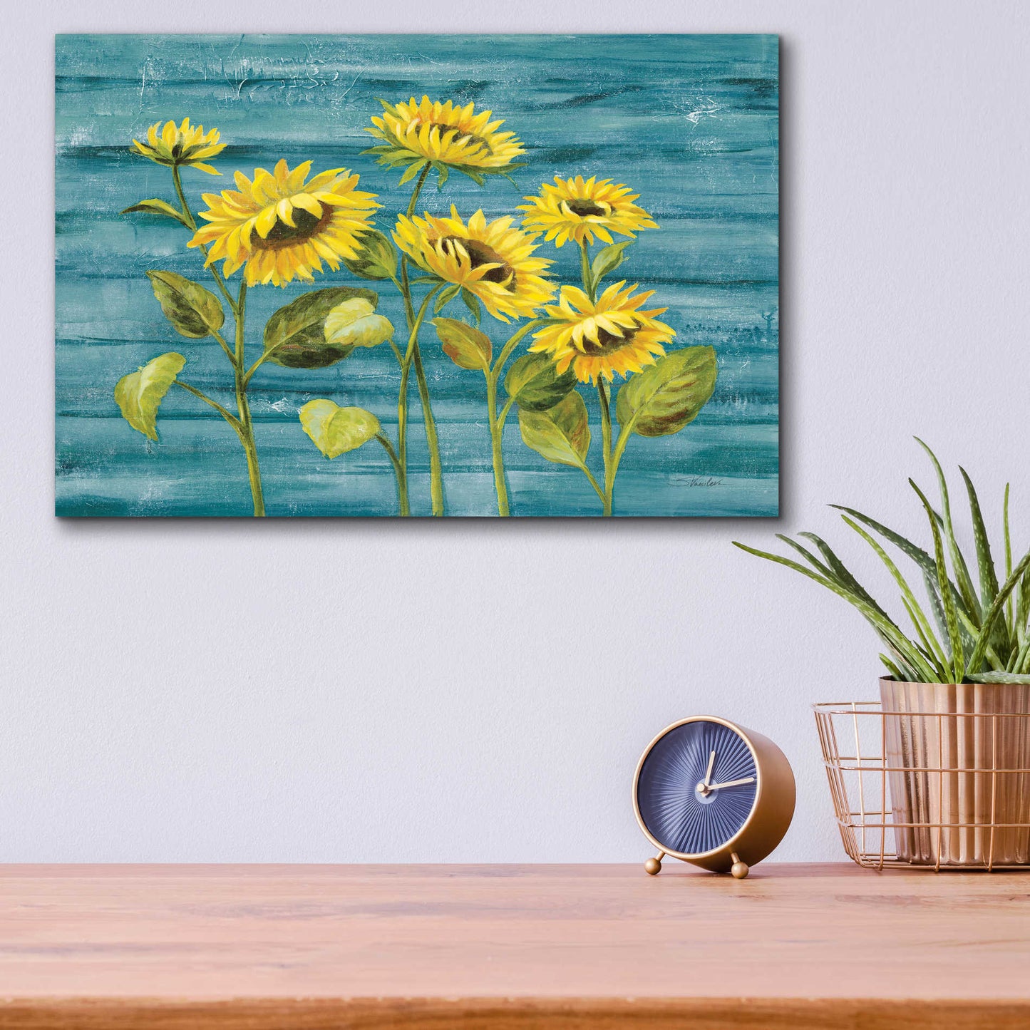 Epic Art 'Cottage Sunflowers Teal' by Silvia Vassileva, Acrylic Glass Wall Art,16x12