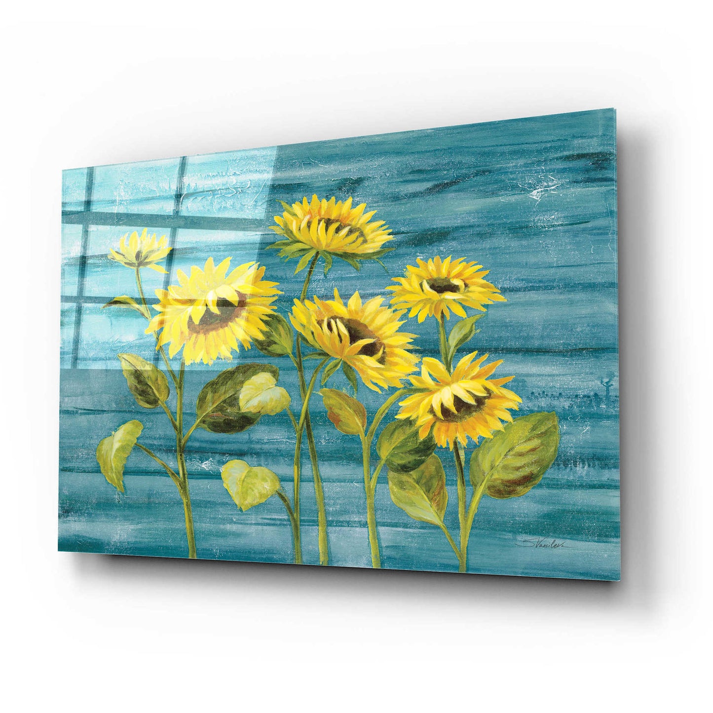 Epic Art 'Cottage Sunflowers Teal' by Silvia Vassileva, Acrylic Glass Wall Art,24x16