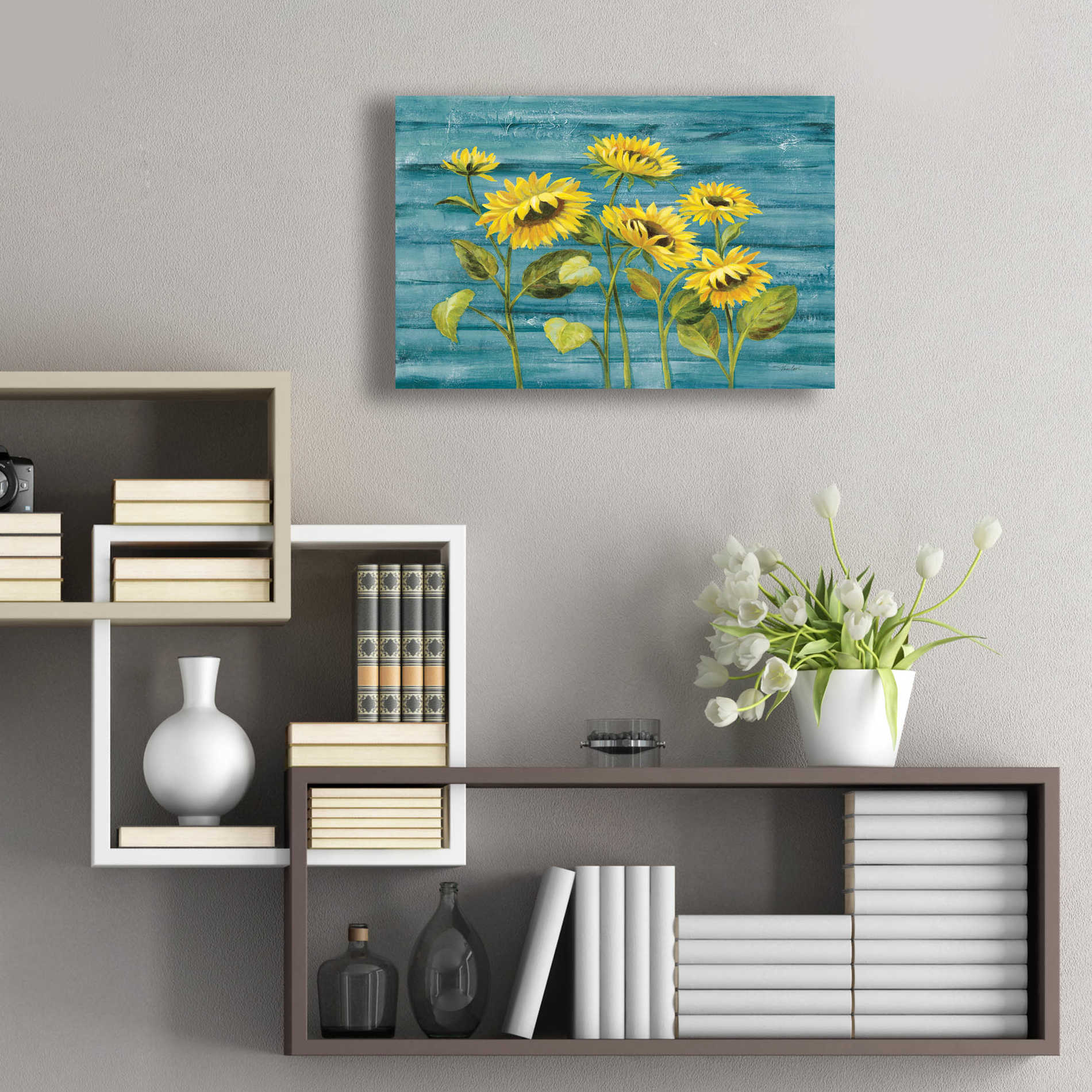 Epic Art 'Cottage Sunflowers Teal' by Silvia Vassileva, Acrylic Glass Wall Art,24x16