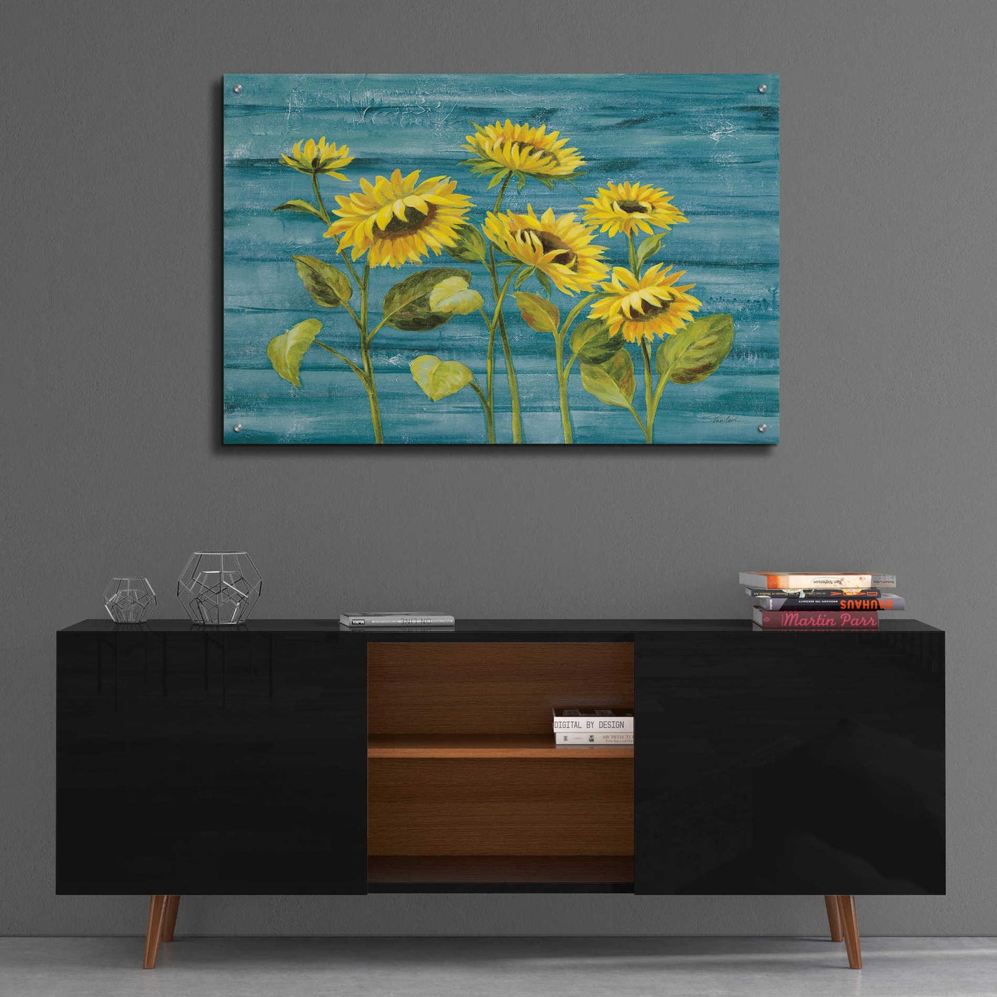 Epic Art 'Cottage Sunflowers Teal' by Silvia Vassileva, Acrylic Glass Wall Art,36x24