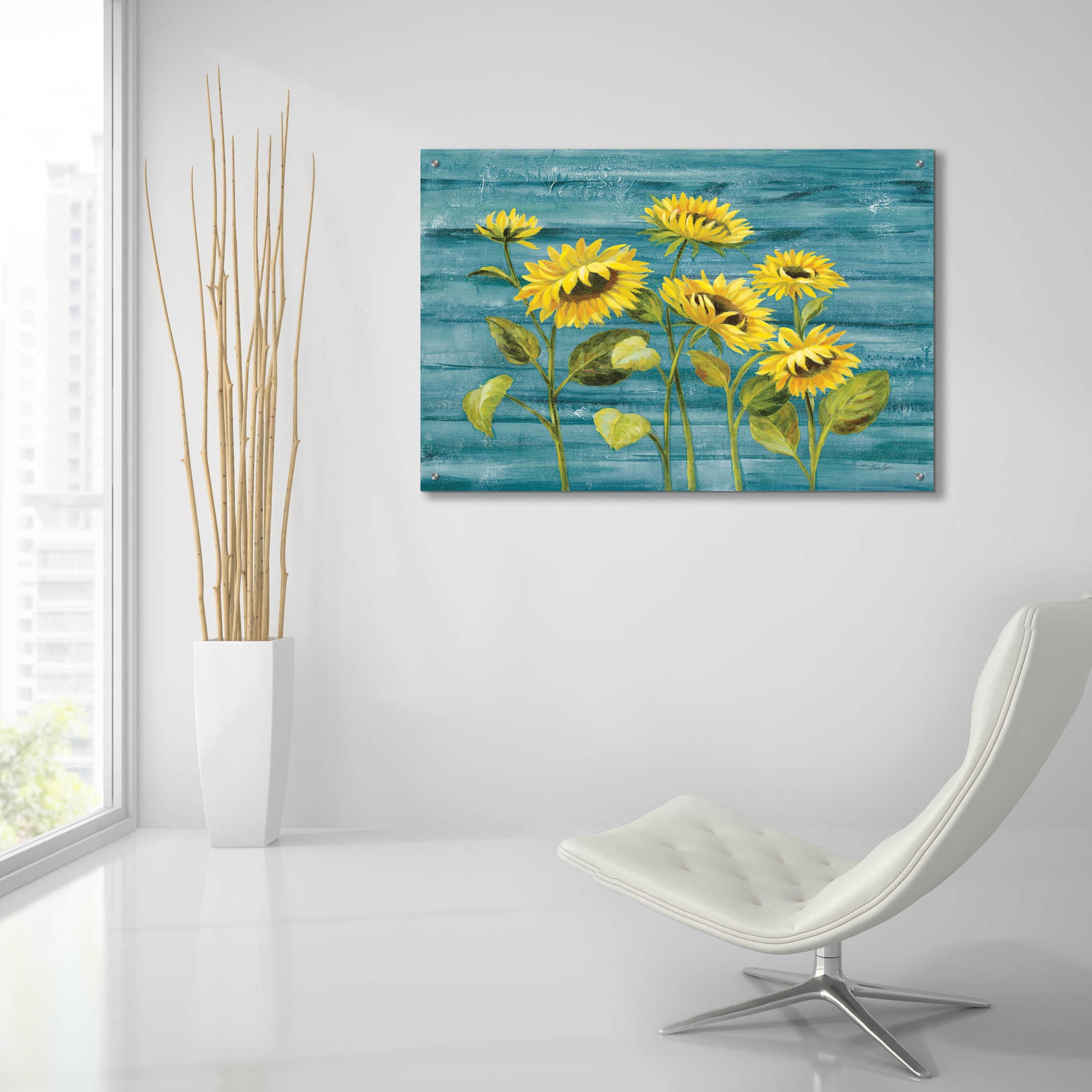 Epic Art 'Cottage Sunflowers Teal' by Silvia Vassileva, Acrylic Glass Wall Art,36x24