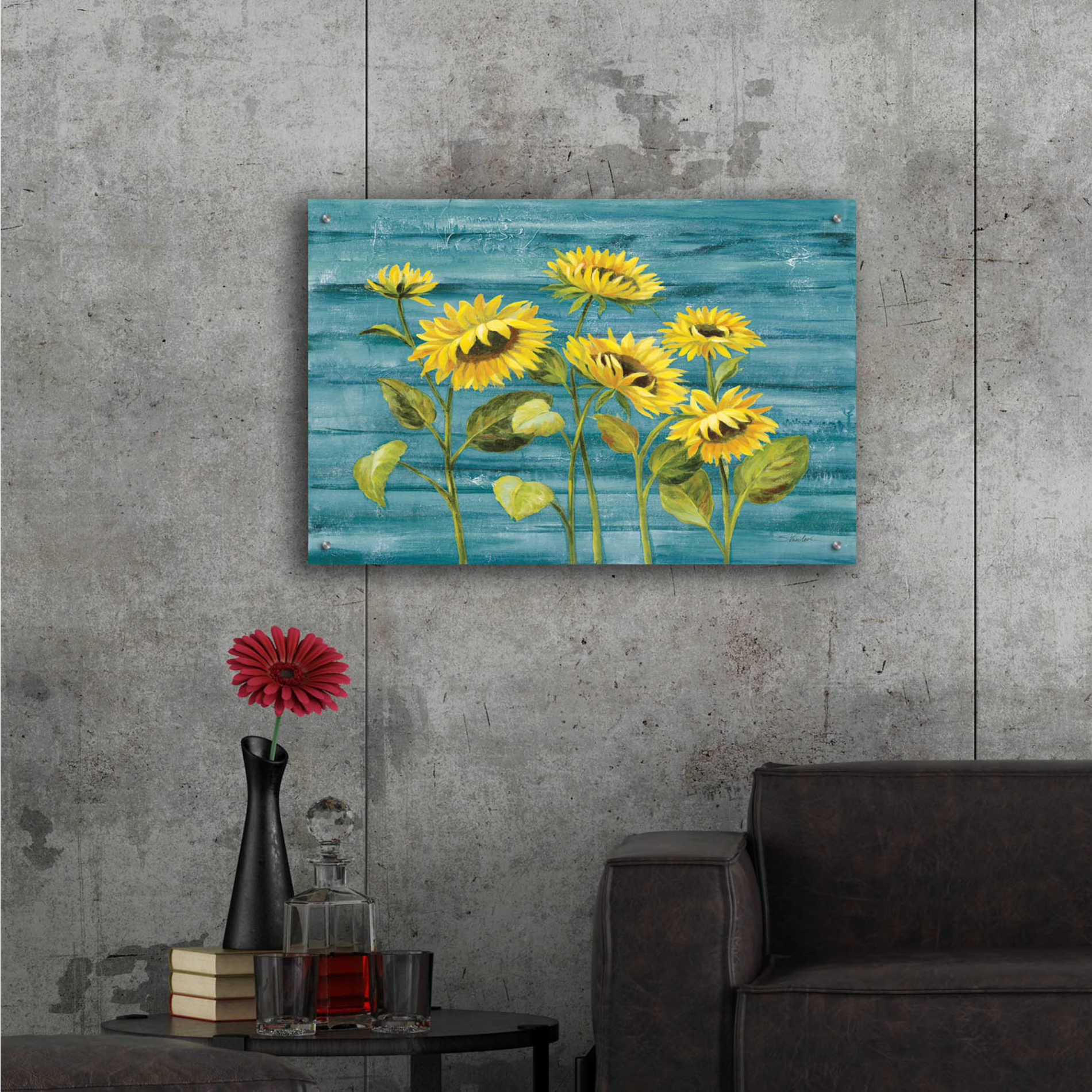 Epic Art 'Cottage Sunflowers Teal' by Silvia Vassileva, Acrylic Glass Wall Art,36x24